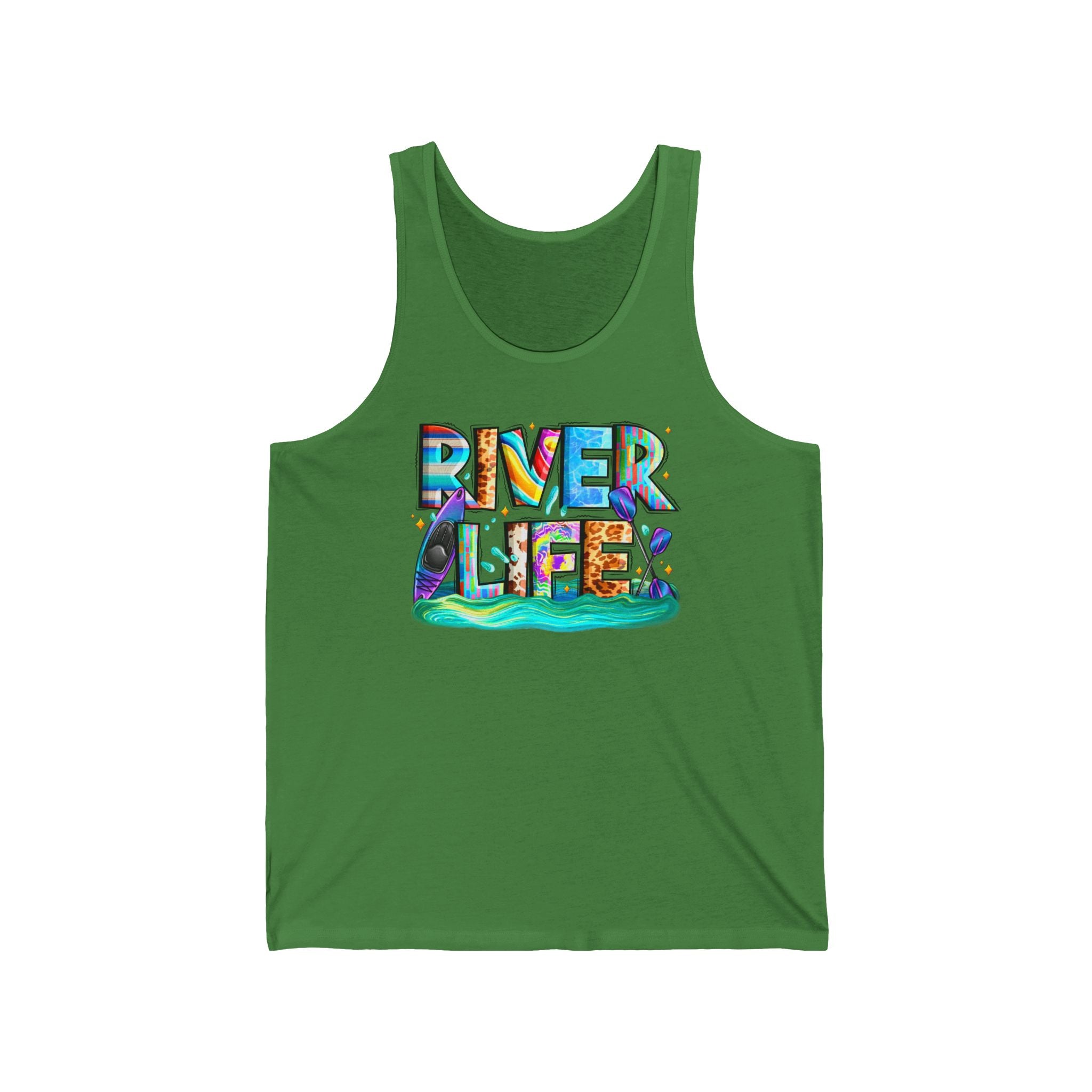 River Life tank | colorful water typography, kayak, nature summer design