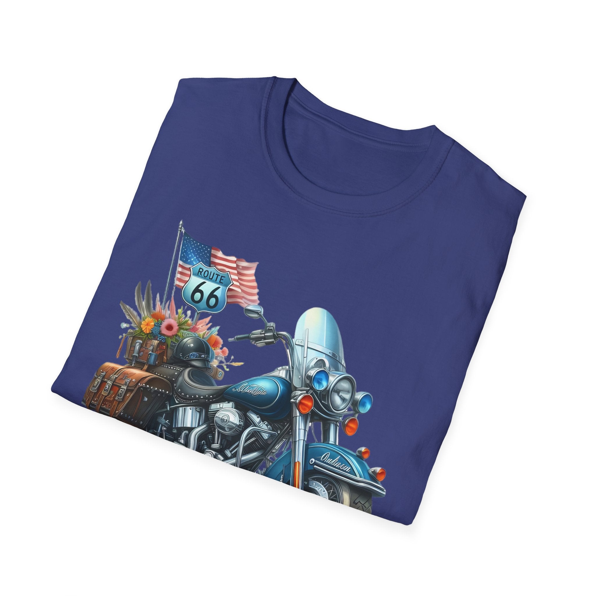 Route 66 Motorcycle Illustration T-Shirt | American Flag, Sunflowers
