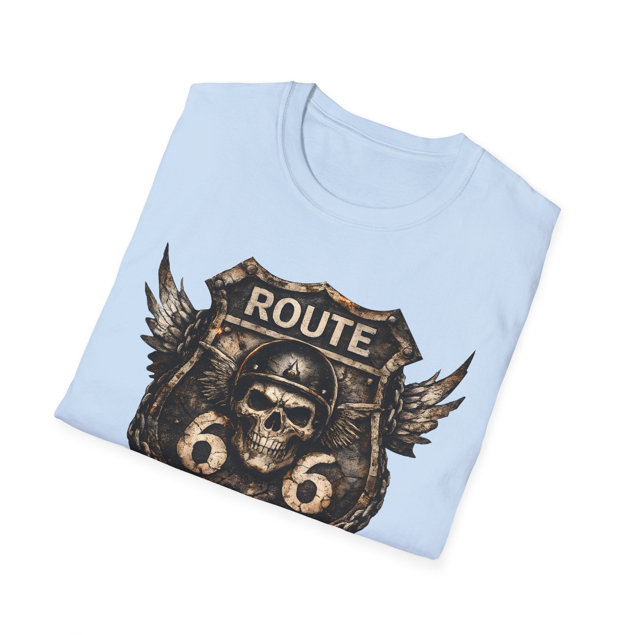 Route 66 Skull Badge T-Shirt | Ride the Legend, Winged Helmet Motorcycle Design