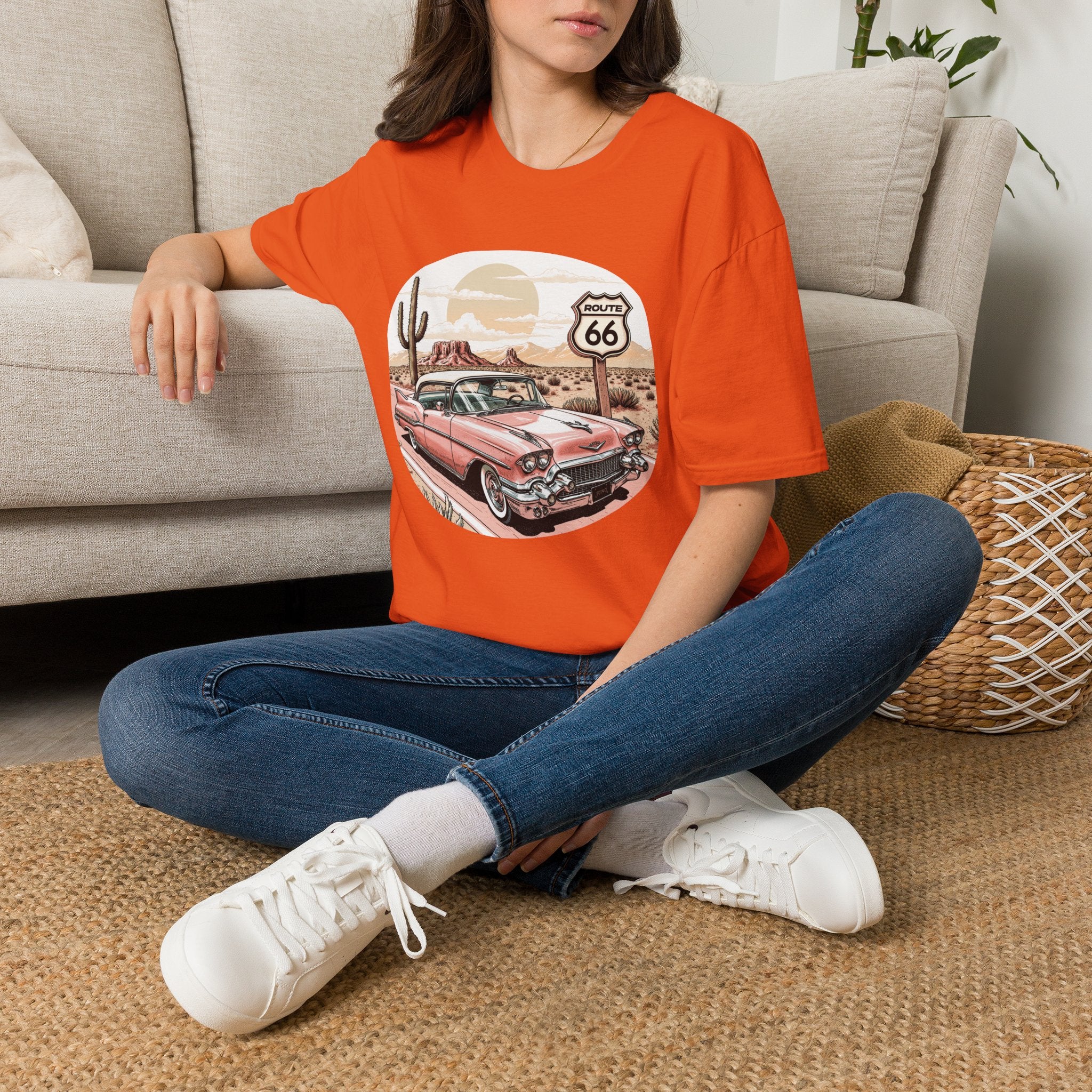 Retro Pink Classic Car Route 66 T-Shirt | Desert Cactus Vintage Roadtrip