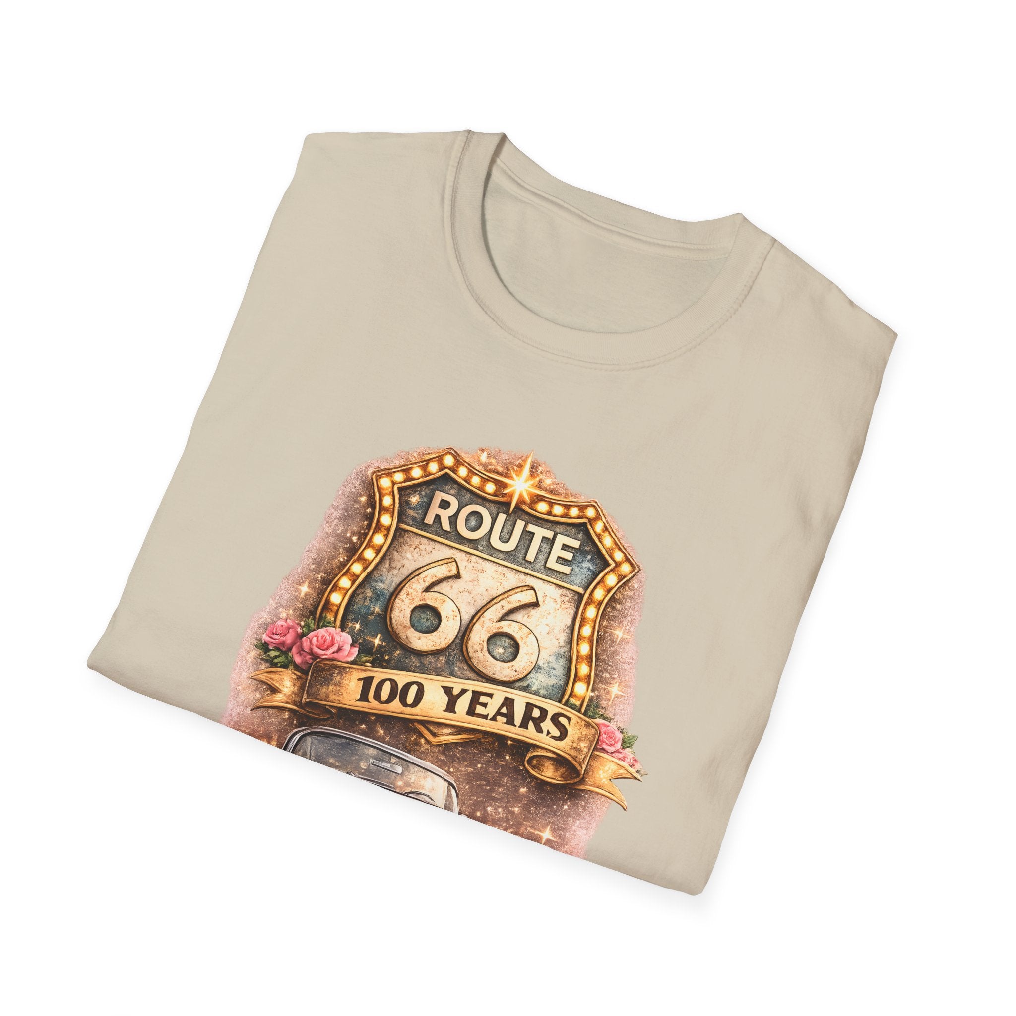 Route 66 100 Years Pink Classic Car T-Shirt | Vintage Road Trip Tee