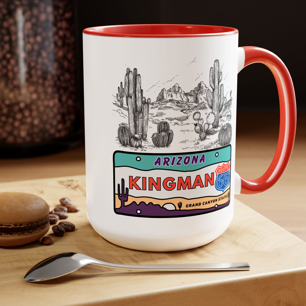 Kingman Arizona Route 66 Two-Tone Coffee Mugs, 15oz