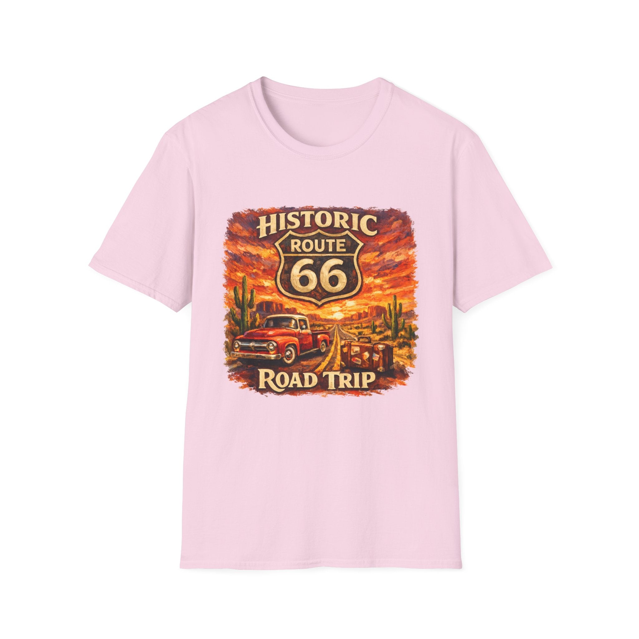 Historic Route 66 Road Trip T-Shirt | Vintage Car Desert Sunset