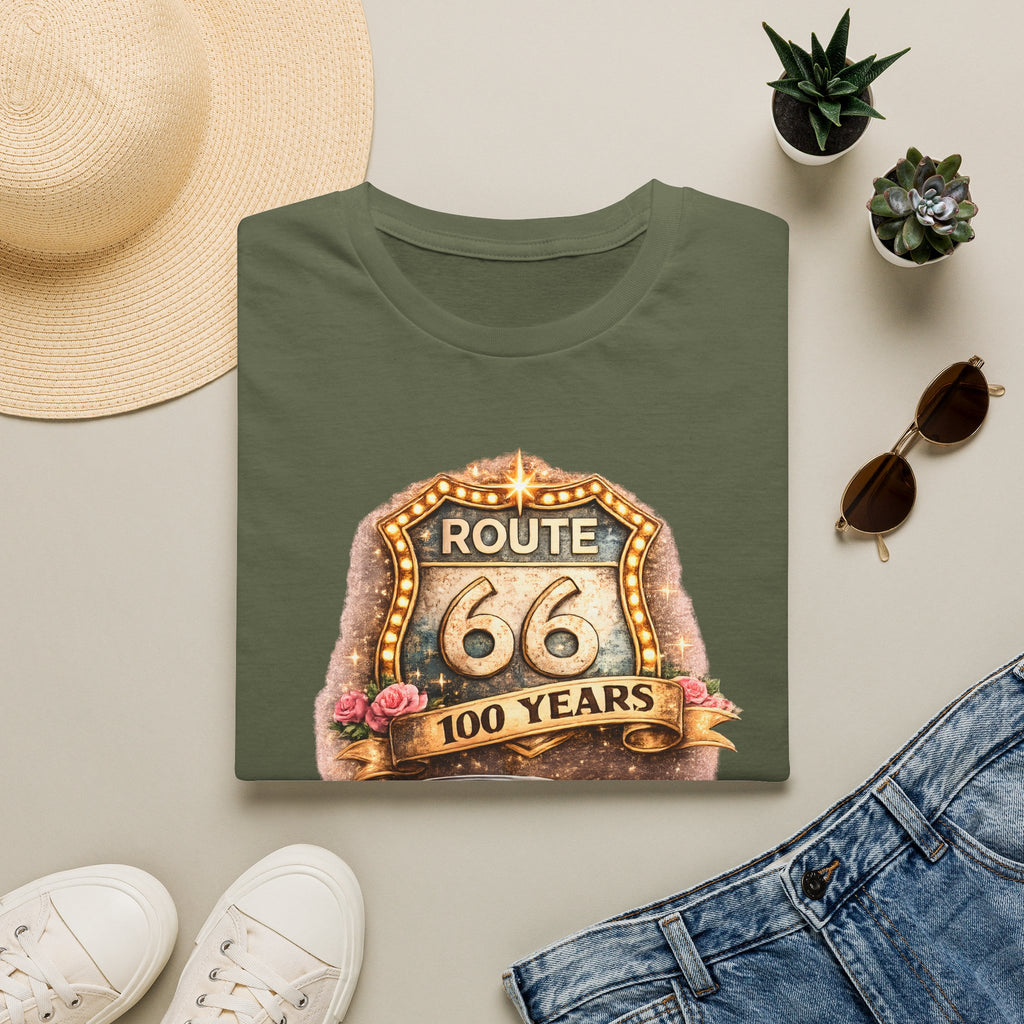 Route 66 100 Years Pink Classic Car T-Shirt | Vintage Road Trip Tee