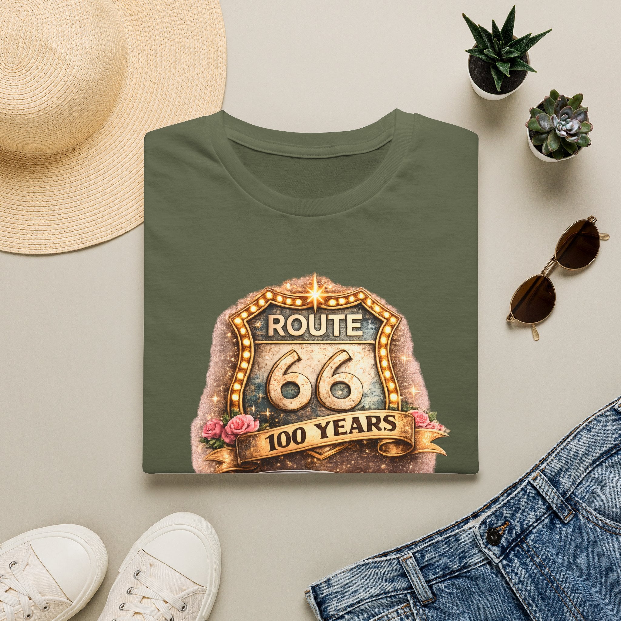 Route 66 100 Years Pink Classic Car T-Shirt | Vintage Road Trip Tee