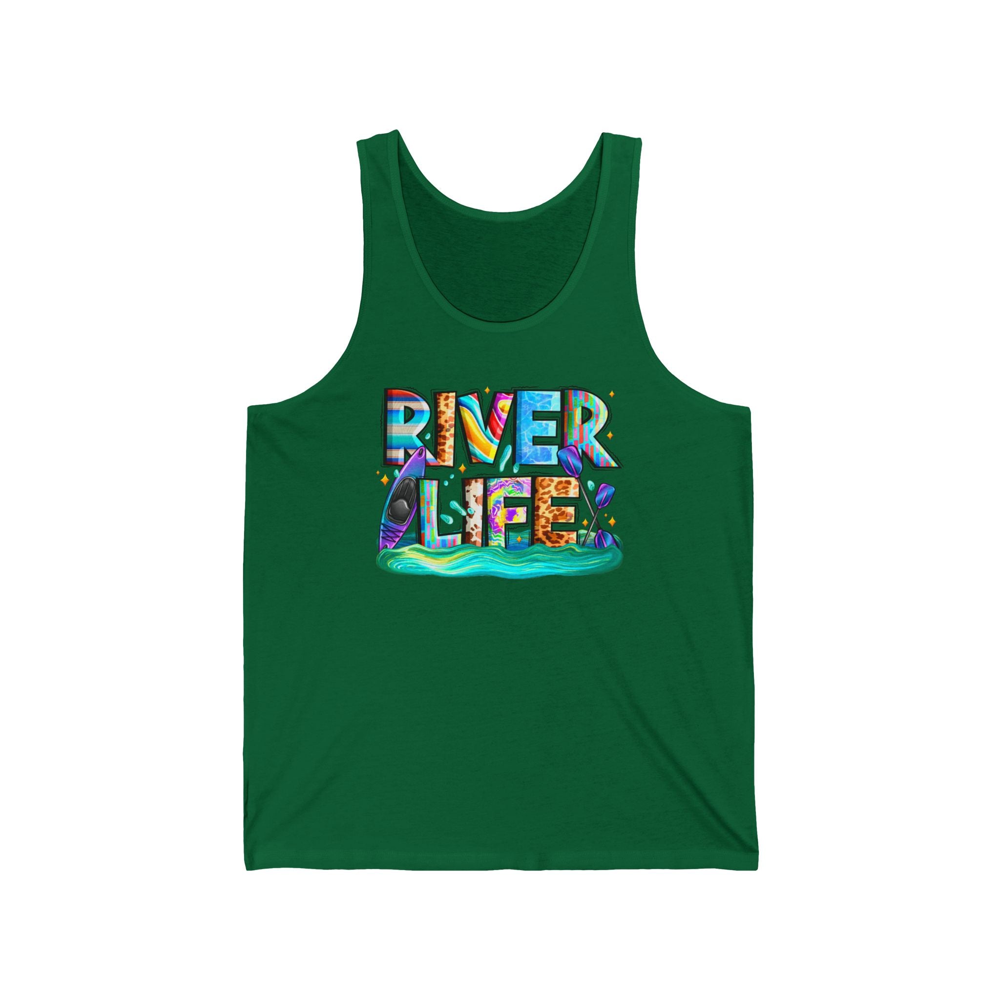 River Life tank | colorful water typography, kayak, nature summer design