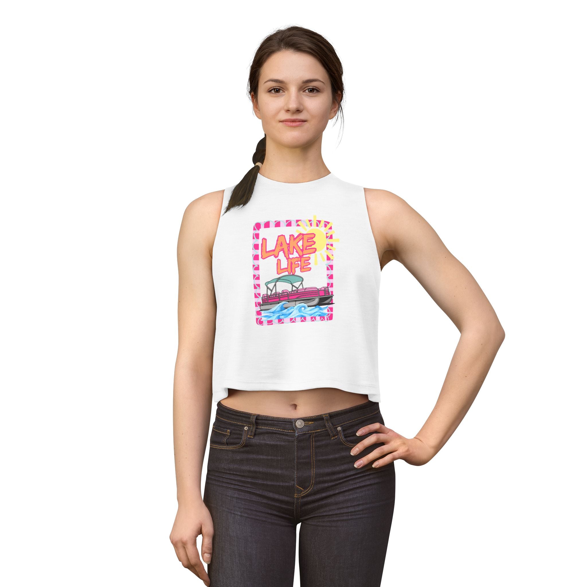 Lake Life boat illustration Crop Top | summer lake vibes, colorful retro frame