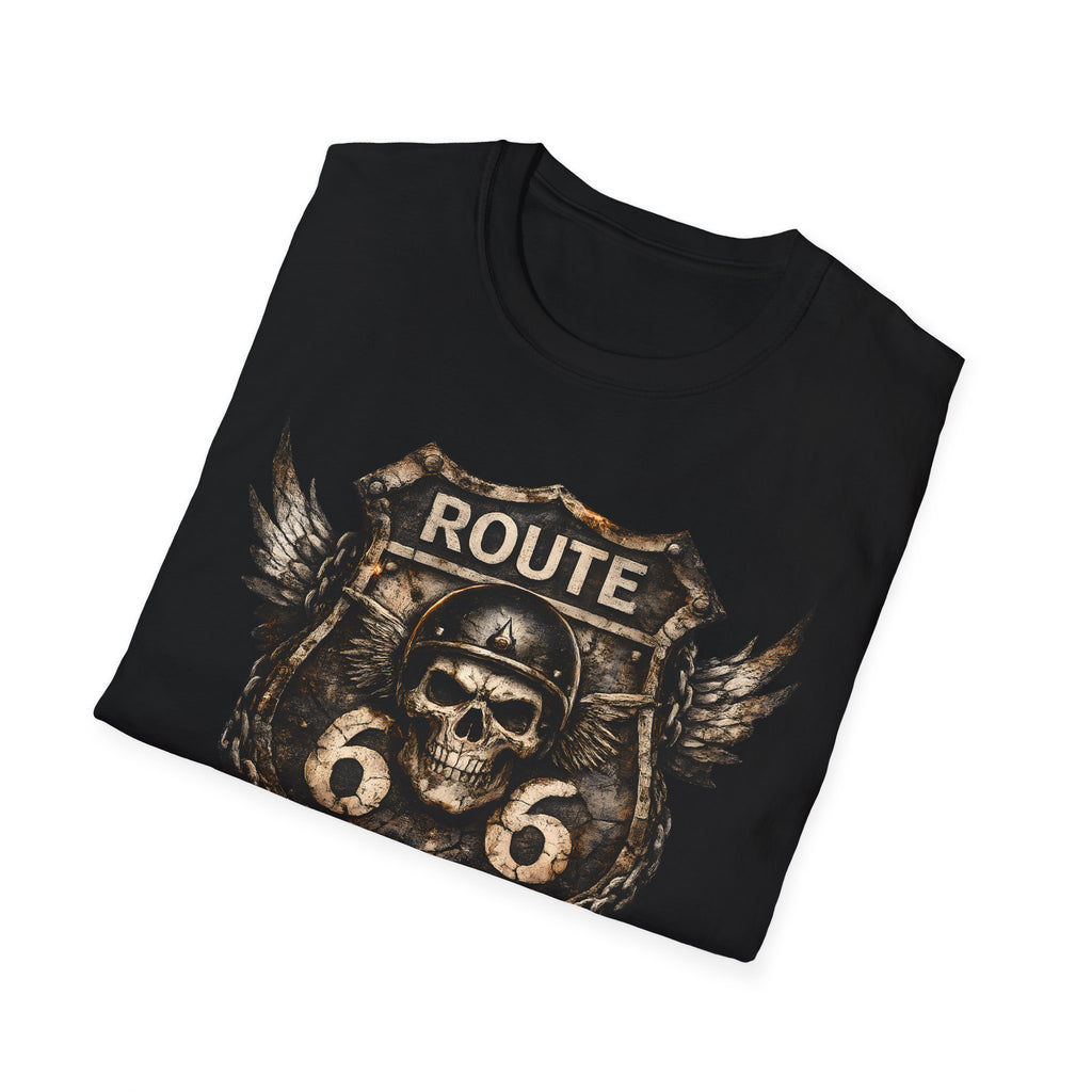 Route 66 Skull Badge T-Shirt | Ride the Legend, Winged Helmet Motorcycle Design