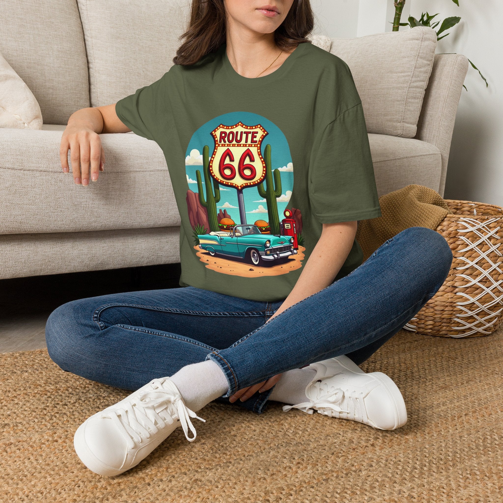 Route 66 Classic Car T-Shirt | Retro Desert Road Sign, Vintage Convertible