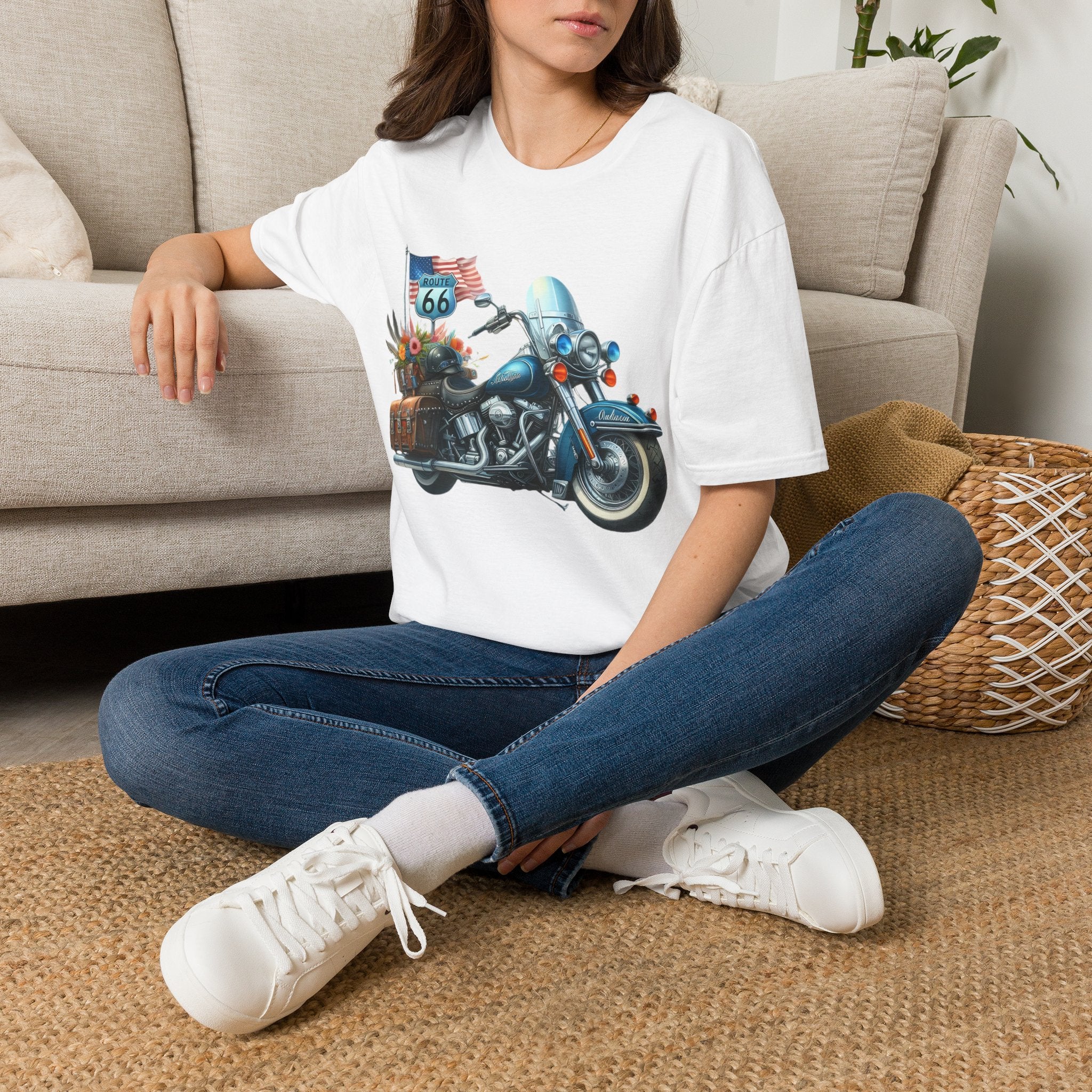Route 66 Motorcycle Illustration T-Shirt | American Flag, Sunflowers