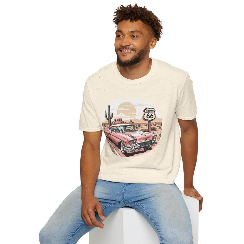 Retro Pink Classic Car Route 66 T-Shirt | Desert Cactus Vintage Roadtrip