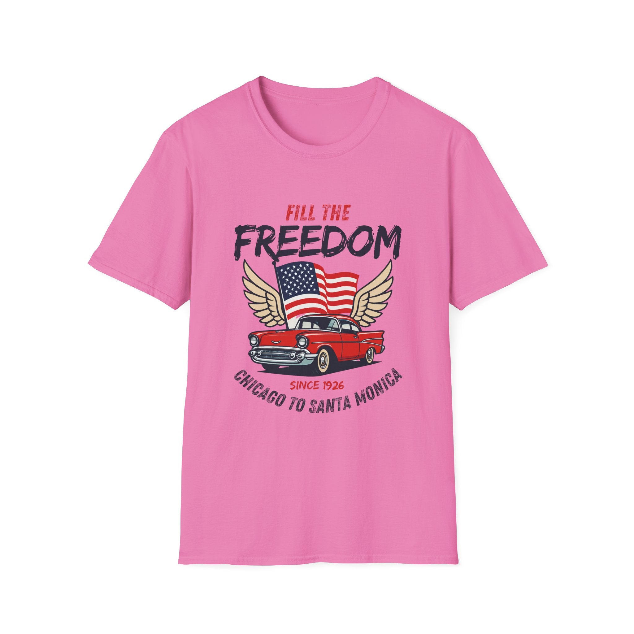 Fill the Freedom Vintage Car T-Shirt | American Flag Wings Chicago to Santa Monica