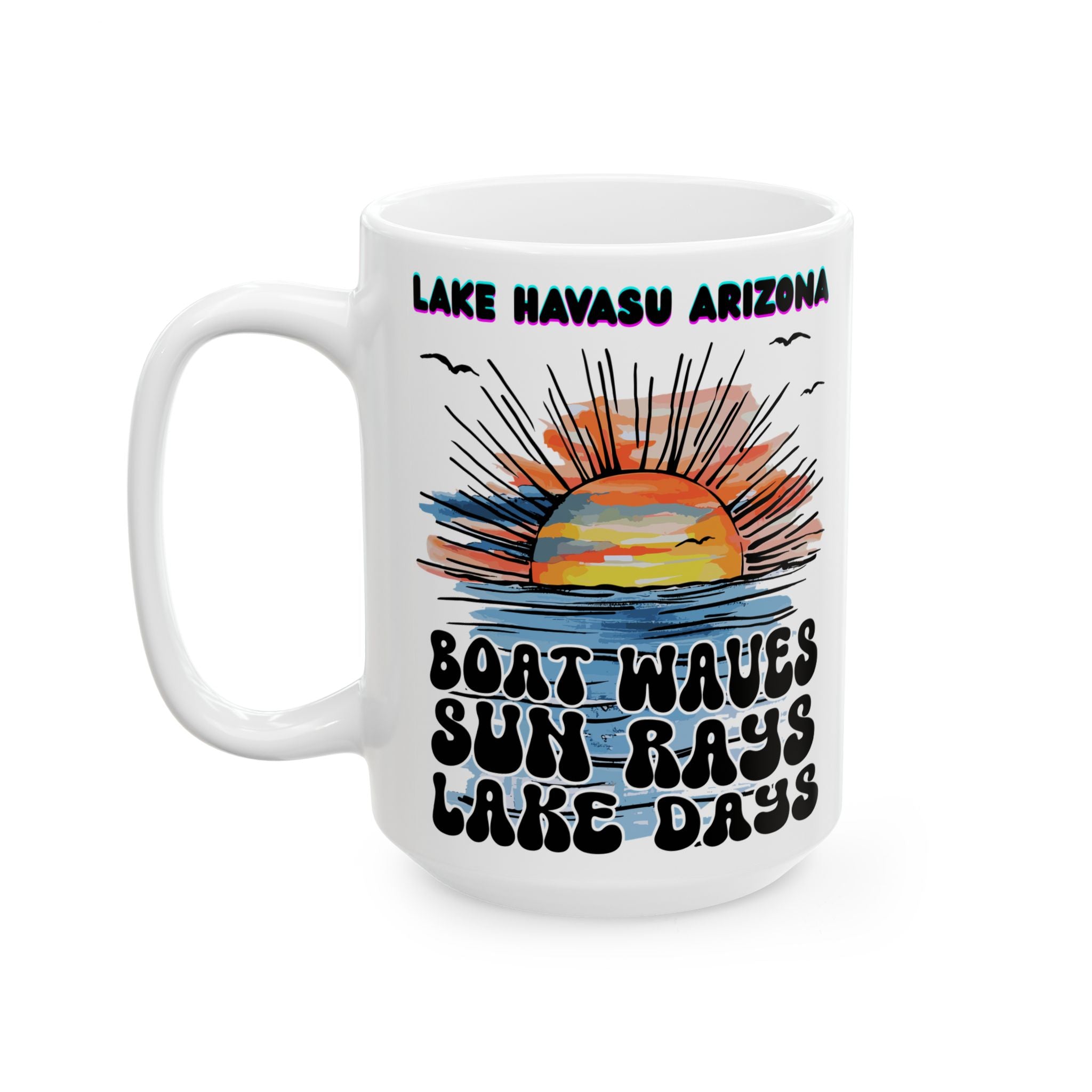 Lake Havasu Arizona Sunset Boat Waves Sun Rays Lake Days Mug | Retro Beach Sunrise Ceramic Mug