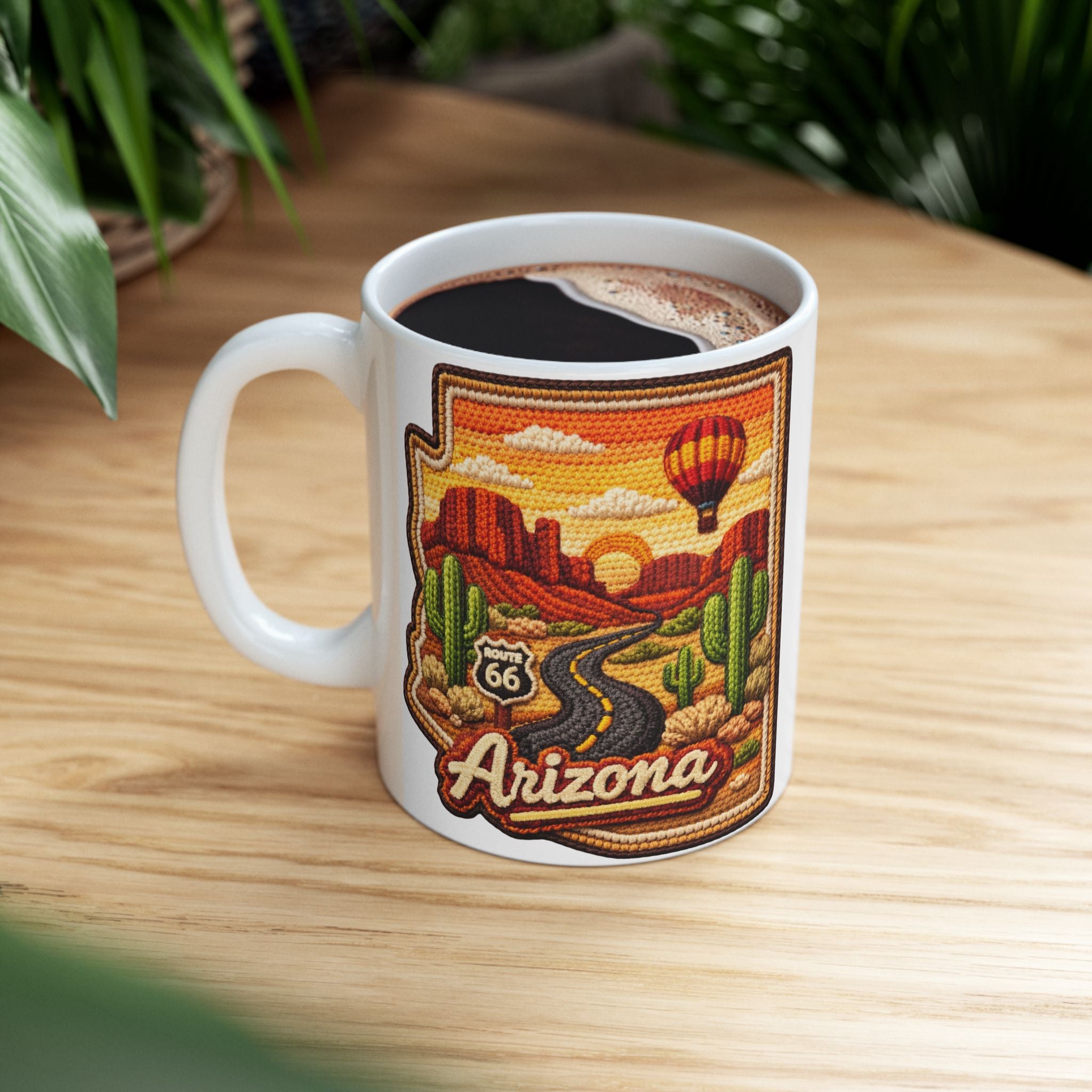 Arizona Desert Patch Mug | Hot Air Balloon, Cactus, Sunset Scene