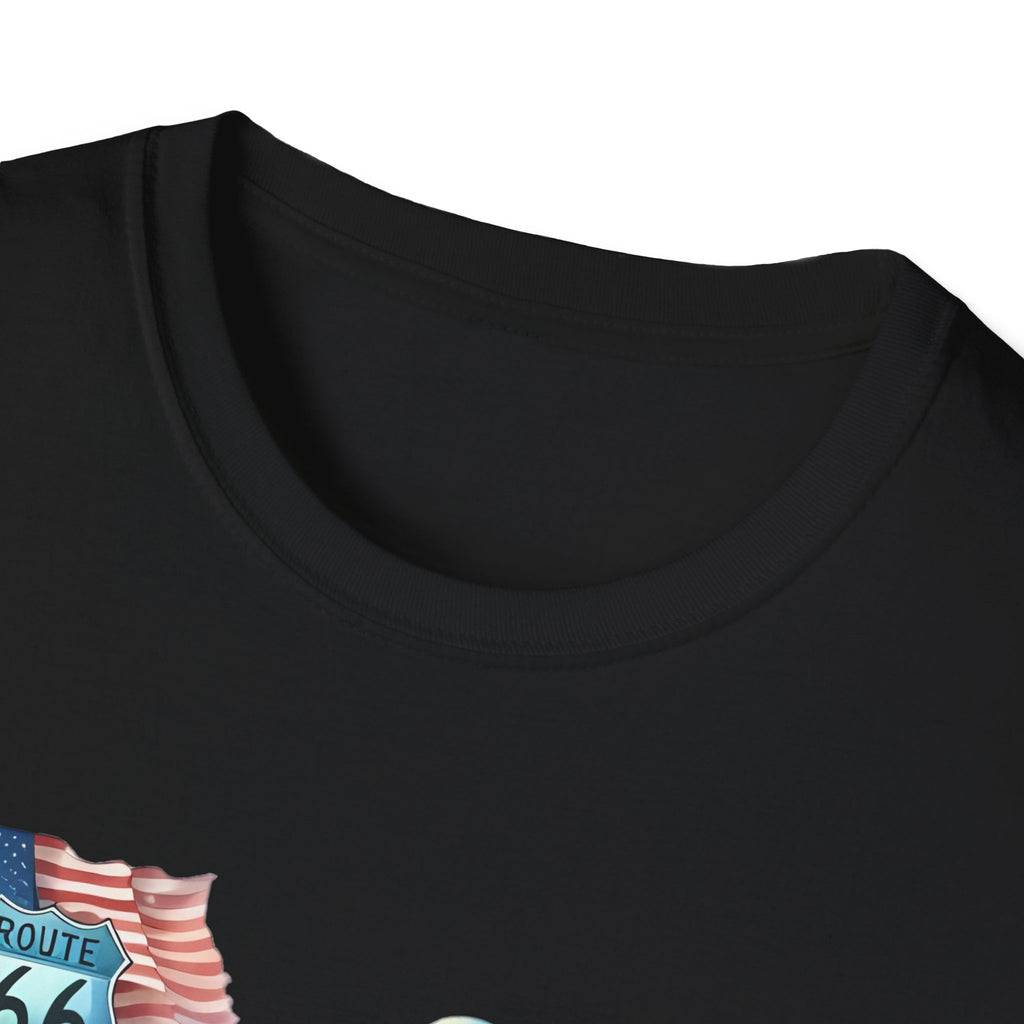 Route 66 Motorcycle Illustration T-Shirt | American Flag, Sunflowers