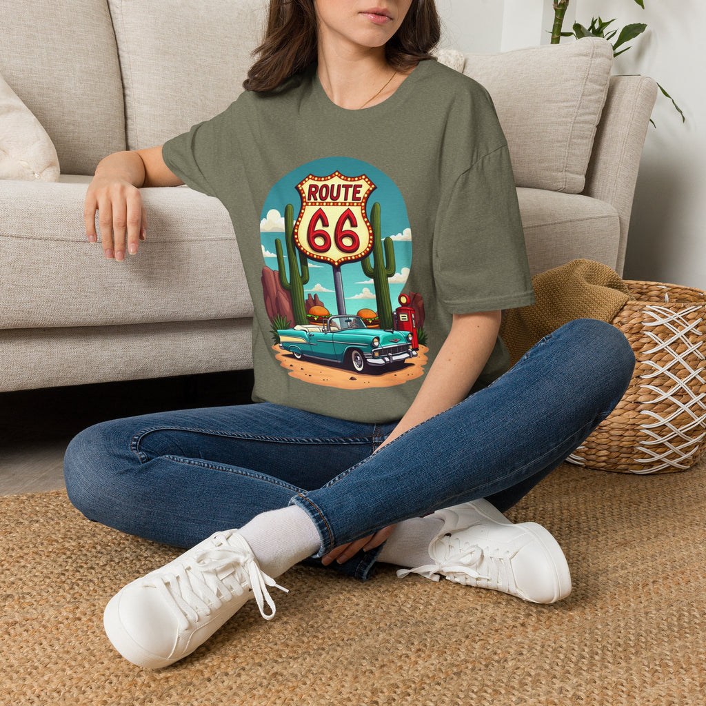 Route 66 Classic Car T-Shirt | Retro Desert Road Sign, Vintage Convertible