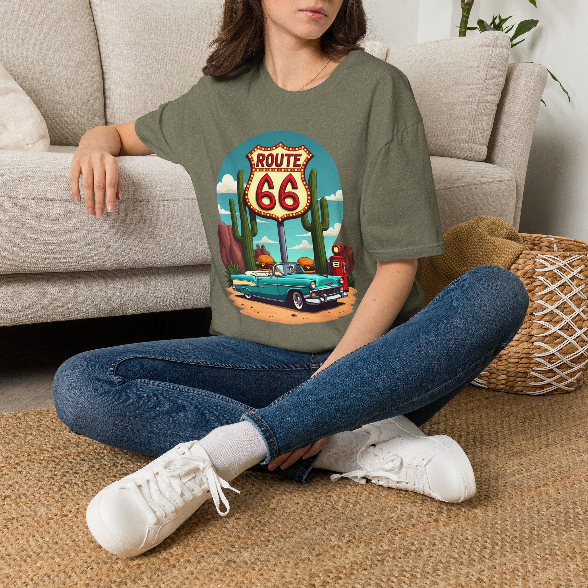 Route 66 Classic Car T-Shirt | Retro Desert Road Sign, Vintage Convertible