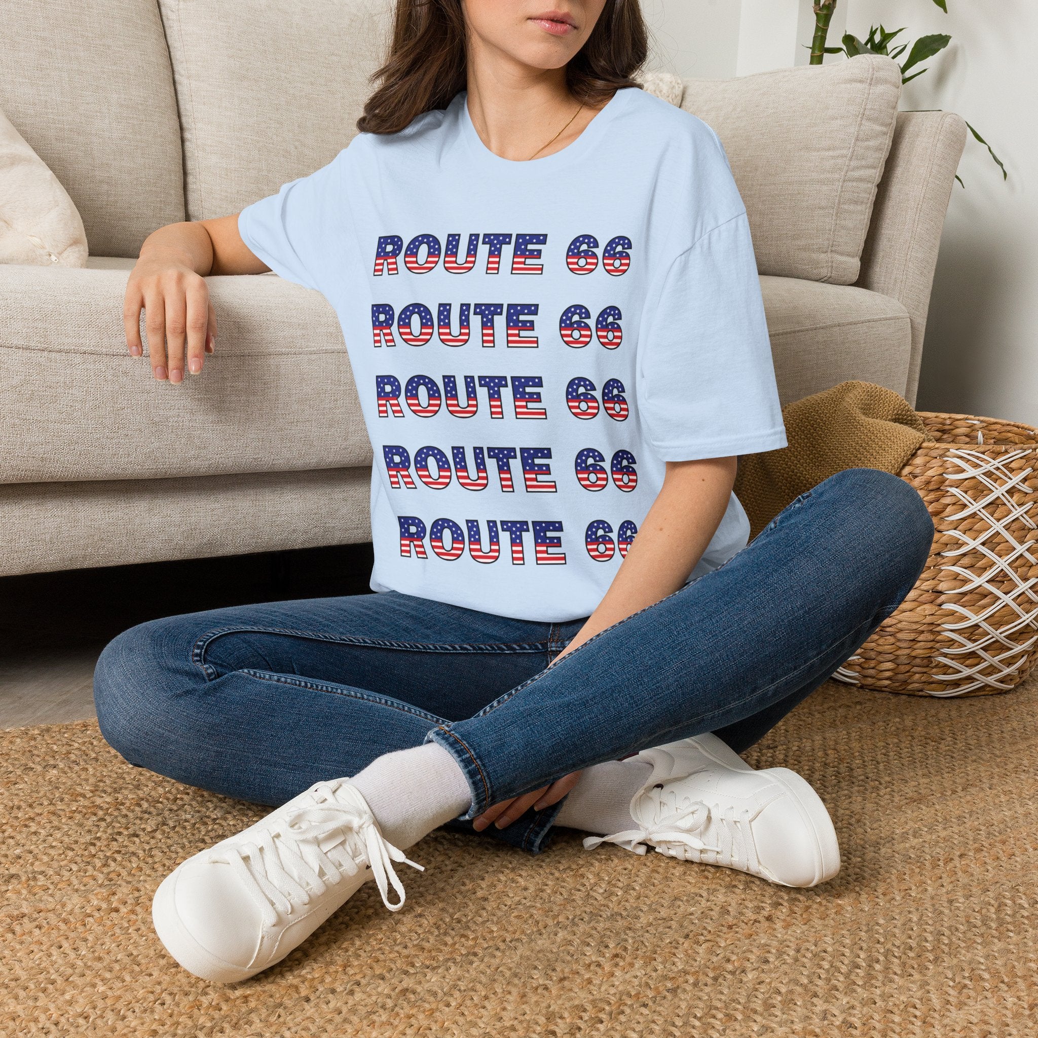 Route 66 Retro Text T-Shirt | American Flag Roadtrip Graphic