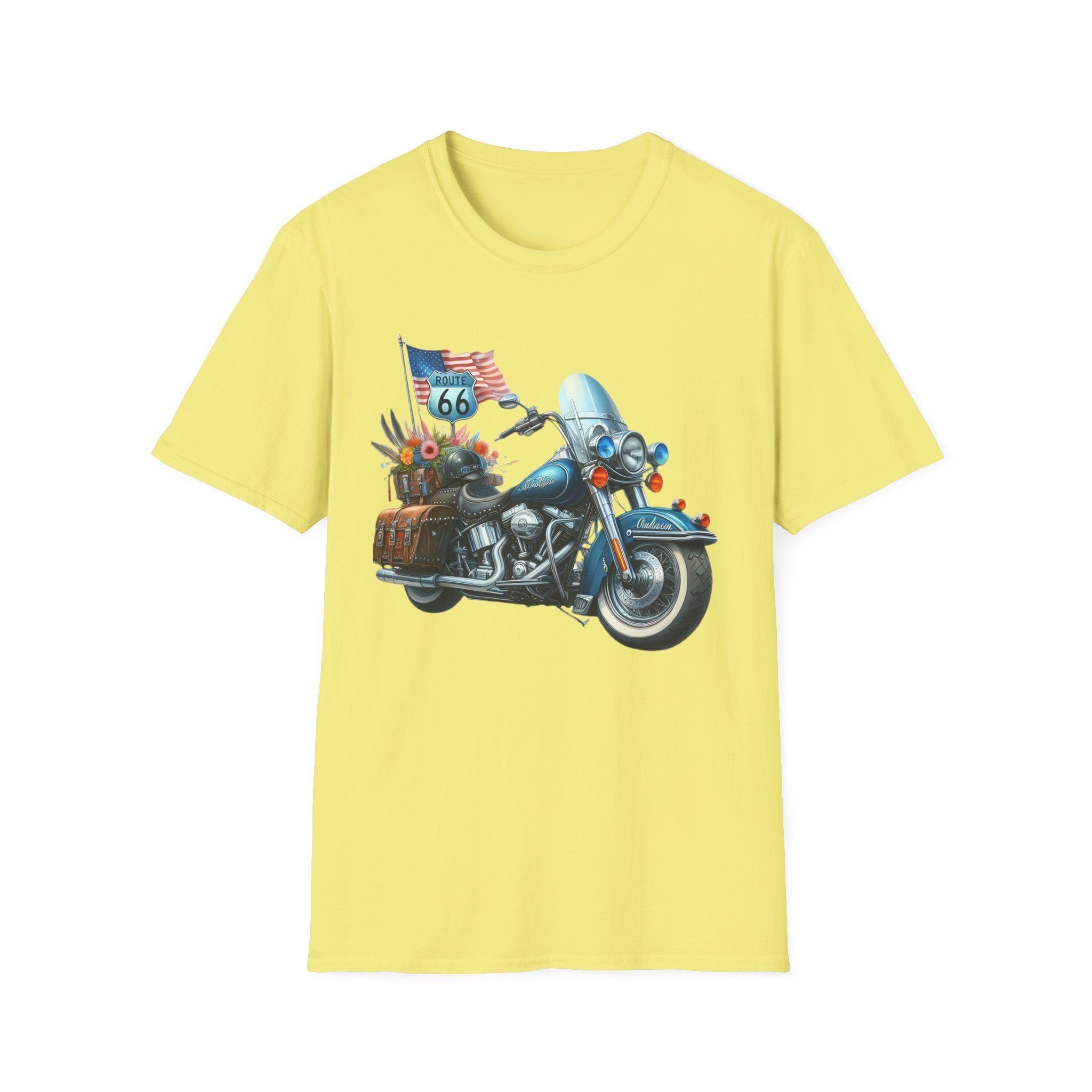 Route 66 Motorcycle Illustration T-Shirt | American Flag, Sunflowers