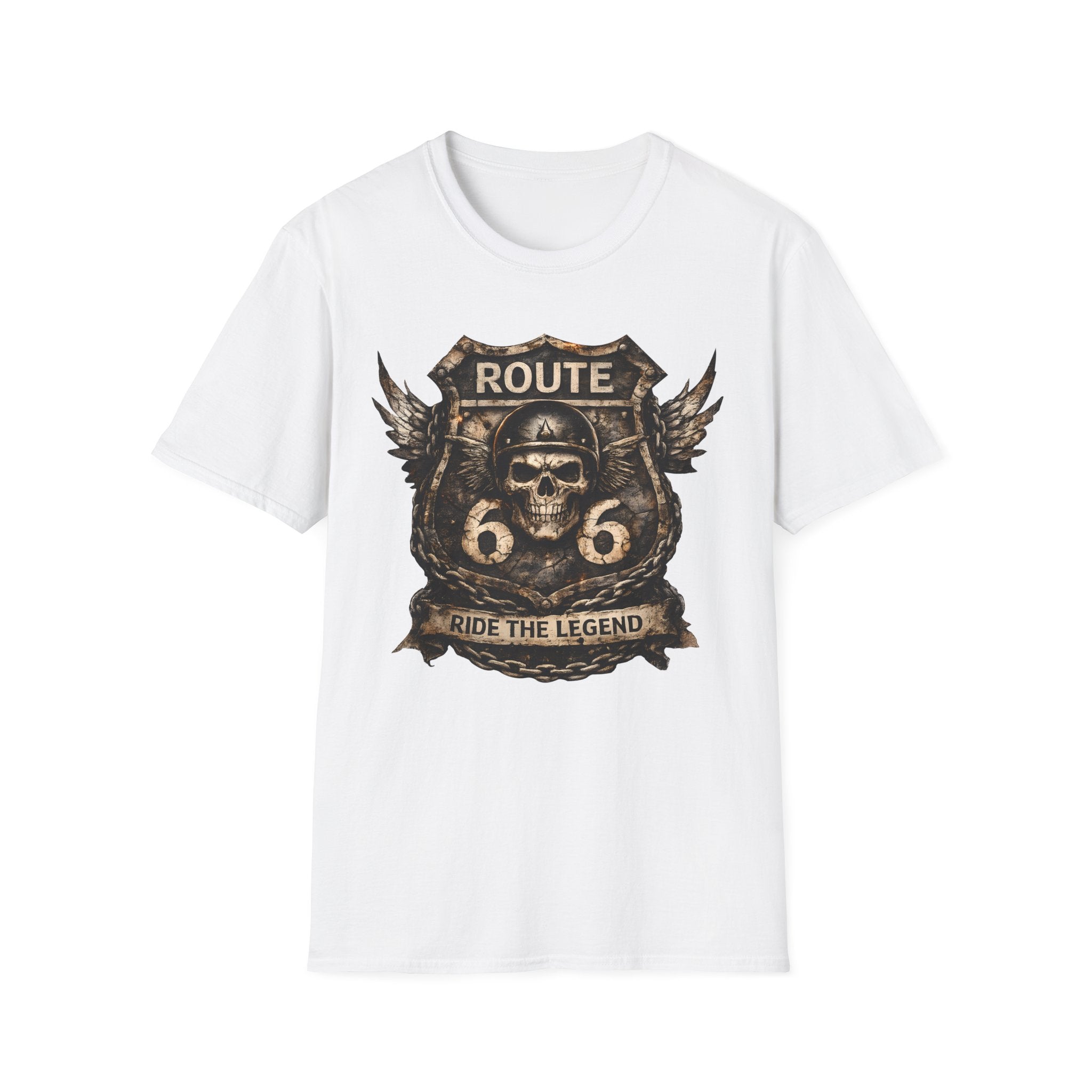 Route 66 Skull Badge T-Shirt | Ride the Legend, Winged Helmet Motorcycle Design