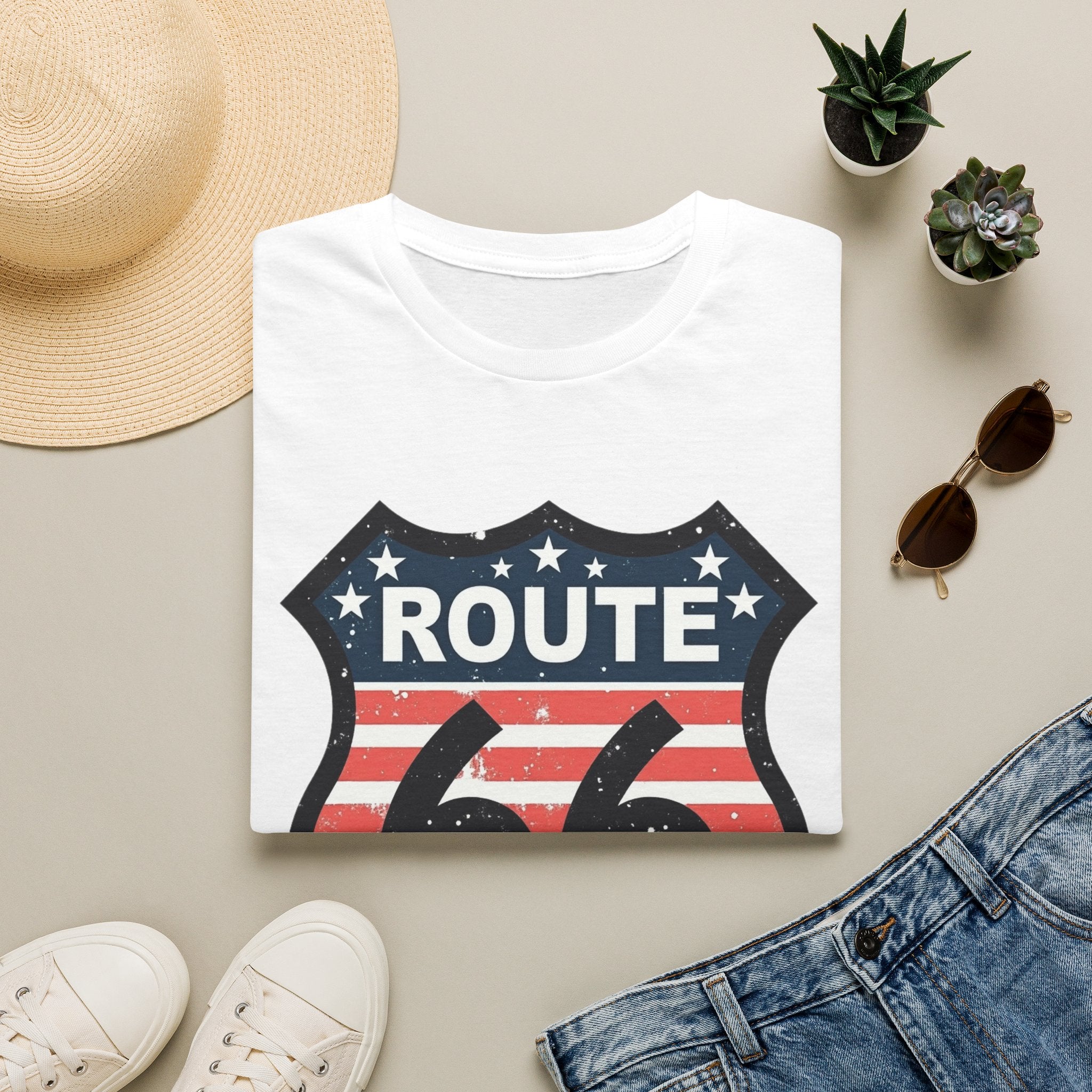 Route 66 Shield T-Shirt | American Flag Vintage Road Sign