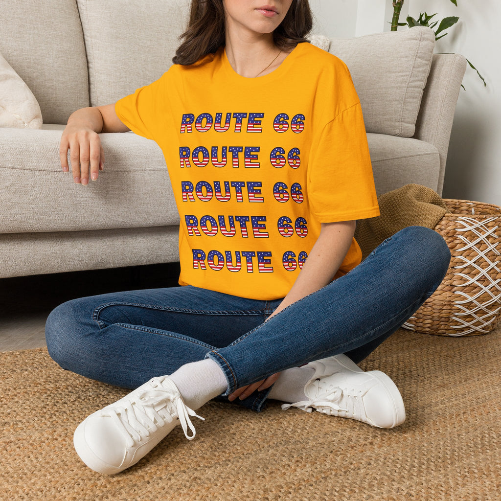 Route 66 Retro Text T-Shirt | American Flag Roadtrip Graphic