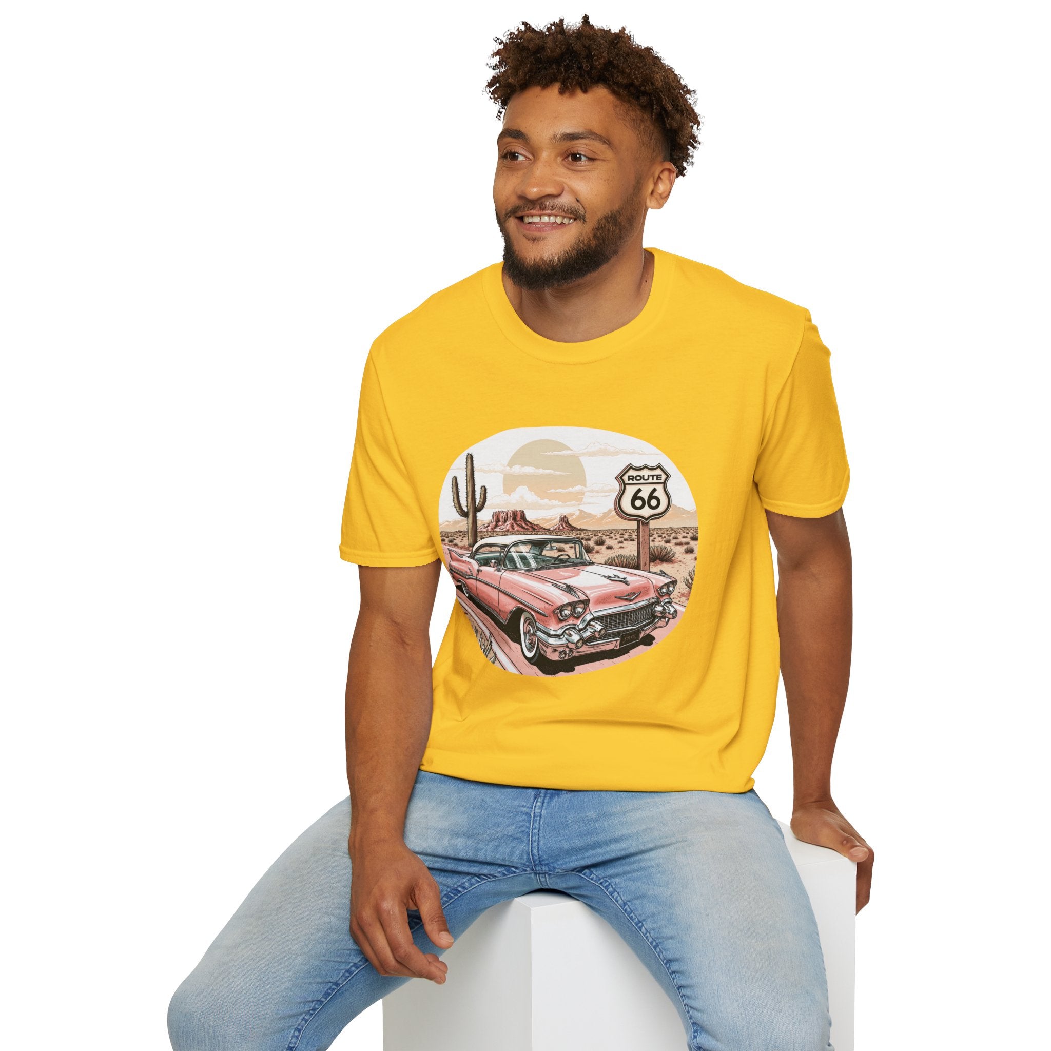Retro Pink Classic Car Route 66 T-Shirt | Desert Cactus Vintage Roadtrip