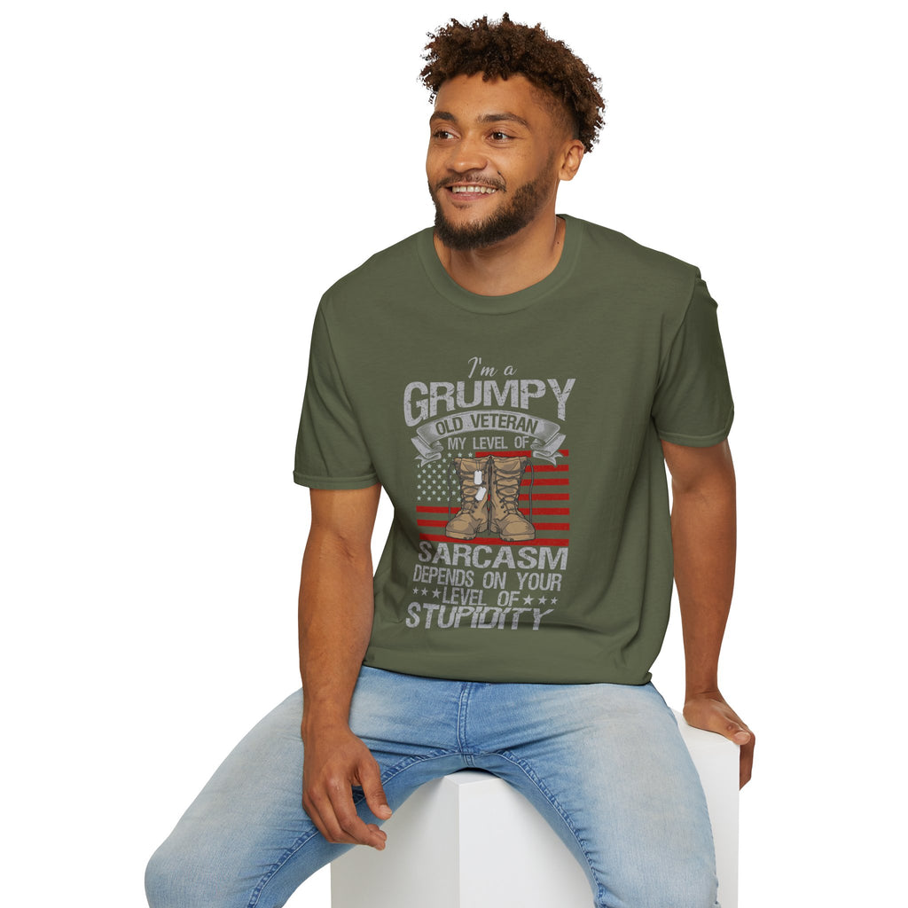 Grumpy Old Veteran Boots, T-Shirt | American Flag, Sarcasm Depends on Stupidity