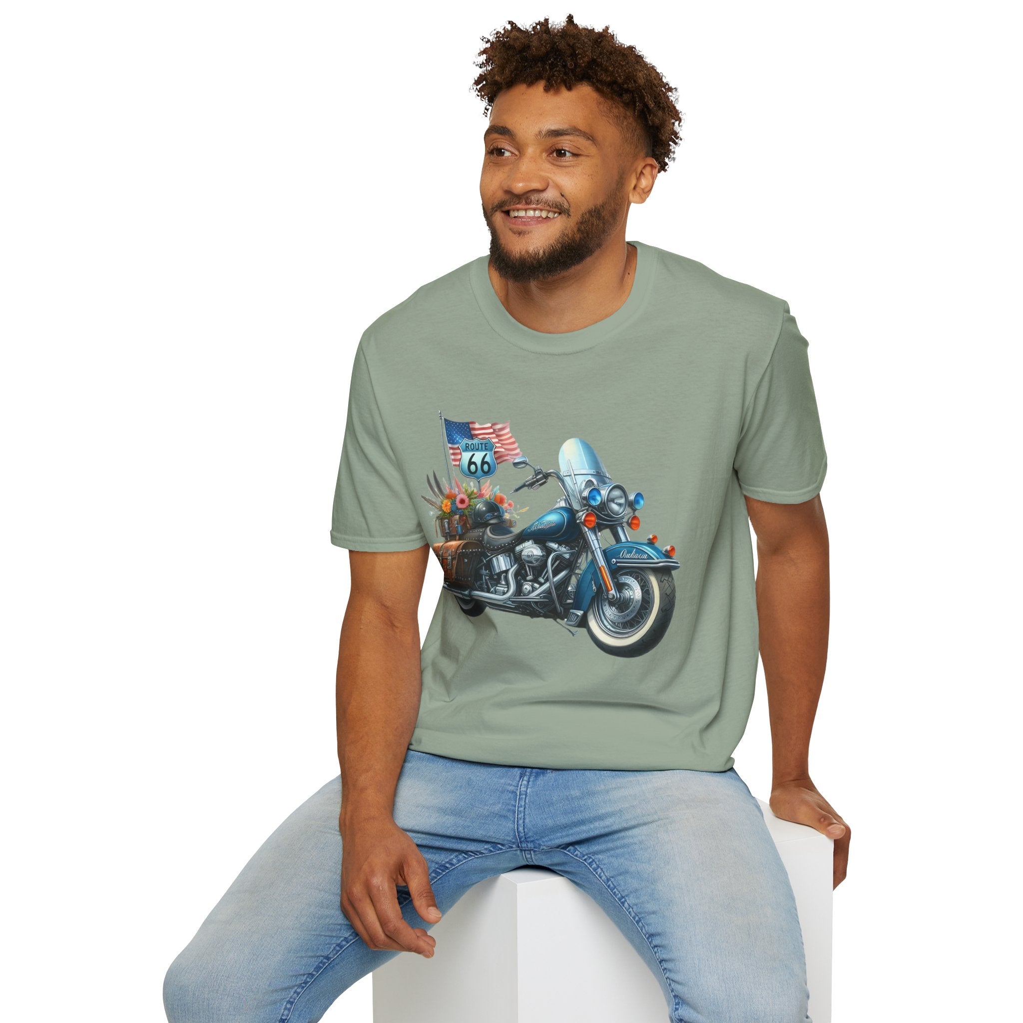 Route 66 Motorcycle Illustration T-Shirt | American Flag, Sunflowers