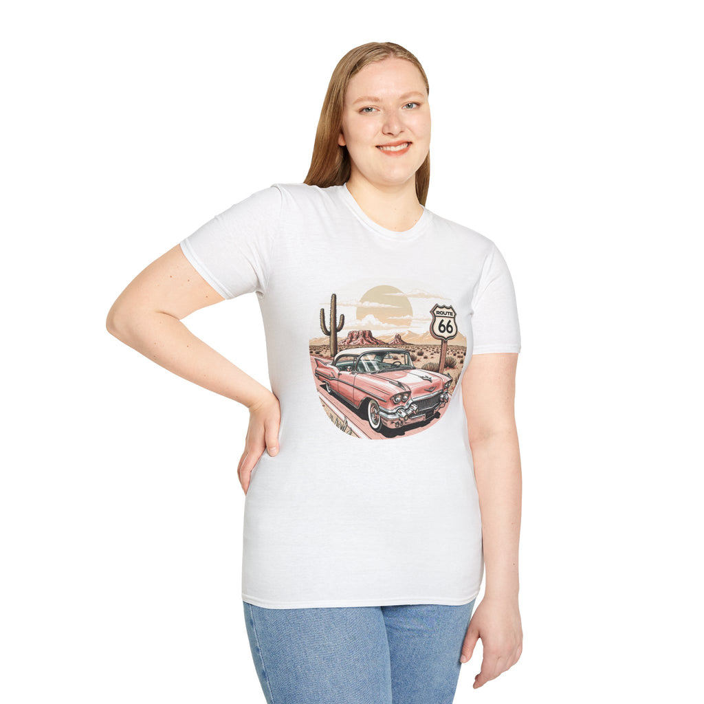 Retro Pink Classic Car Route 66 T-Shirt | Desert Cactus Vintage Roadtrip