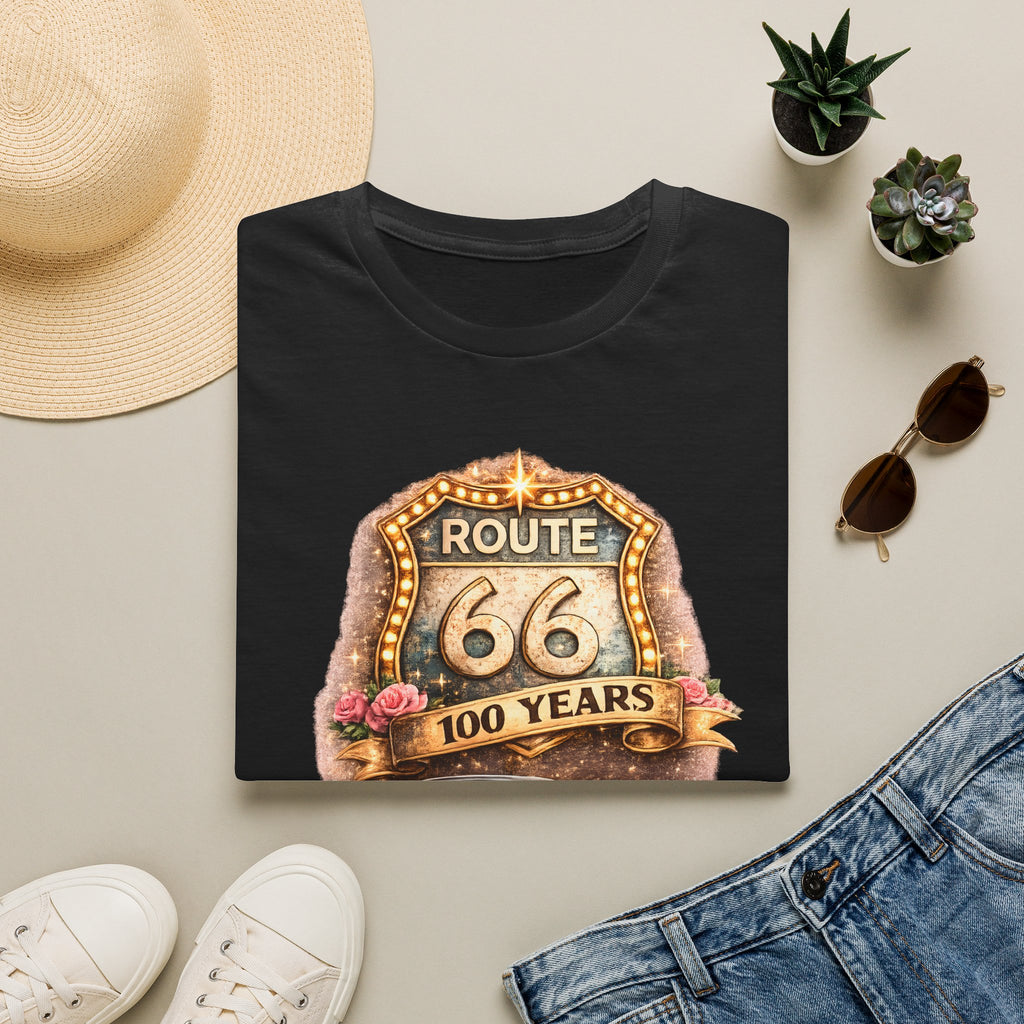 Route 66 100 Years Pink Classic Car T-Shirt | Vintage Road Trip Tee