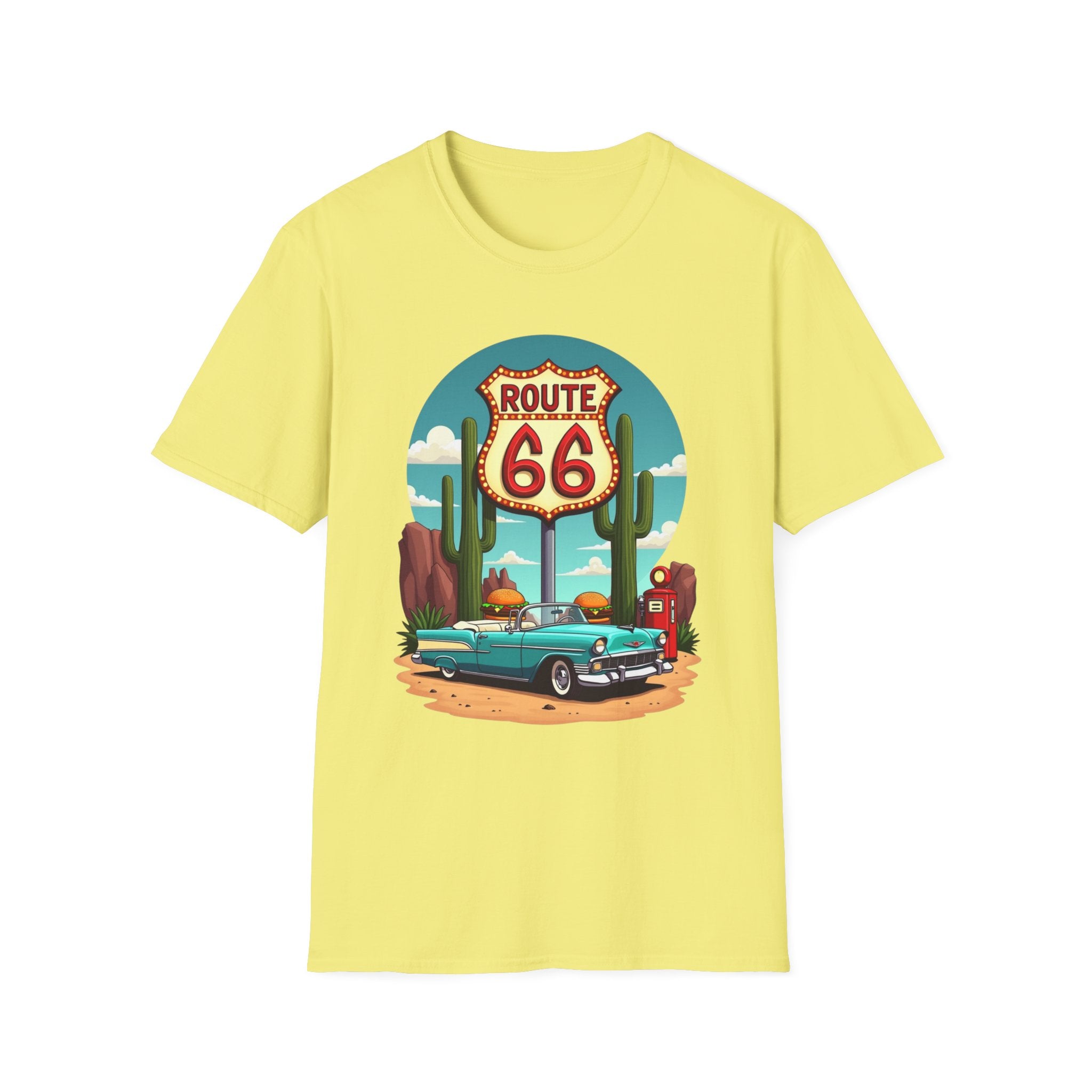 Route 66 Classic Car T-Shirt | Retro Desert Road Sign, Vintage Convertible