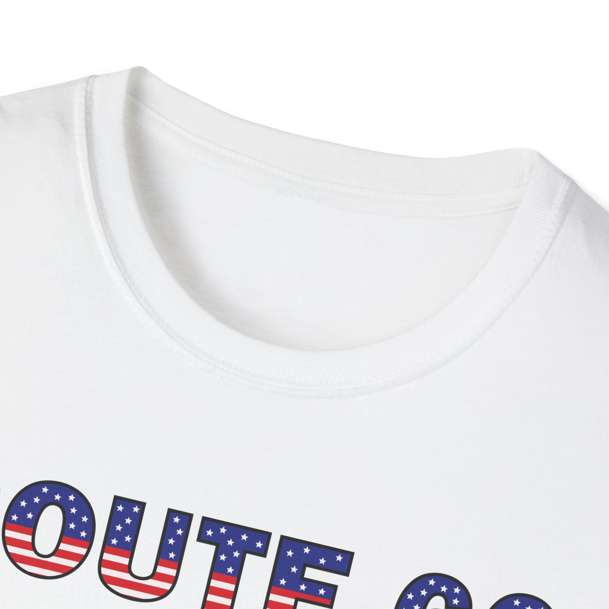 Route 66 Retro Text T-Shirt | American Flag Roadtrip Graphic