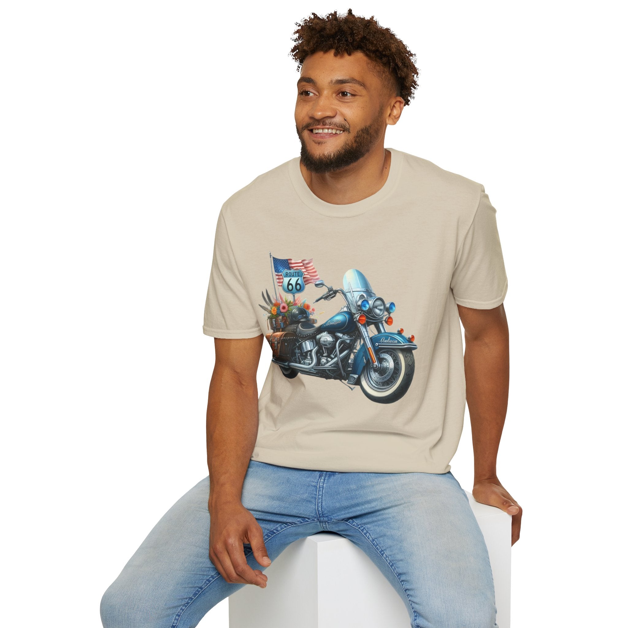 Route 66 Motorcycle Illustration T-Shirt | American Flag, Sunflowers