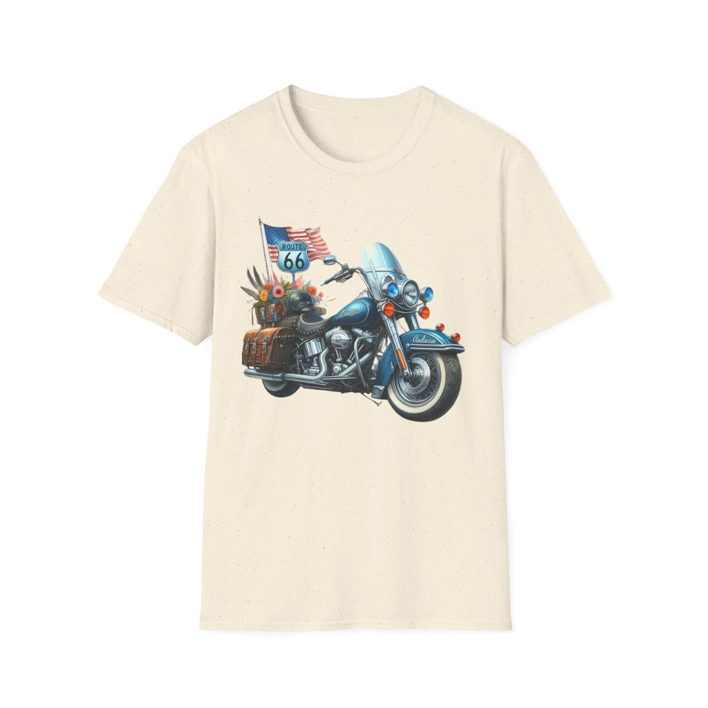 Route 66 Motorcycle Illustration T-Shirt | American Flag, Sunflowers