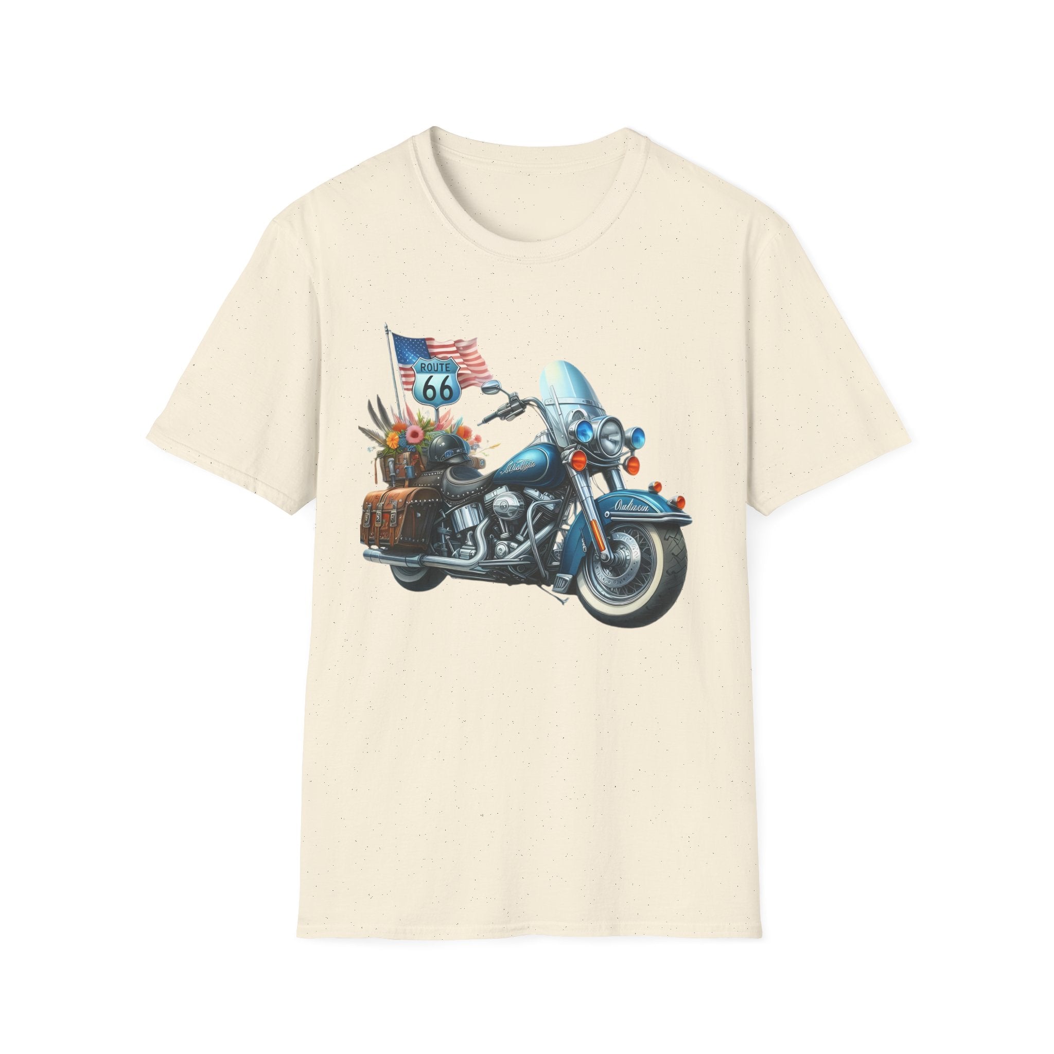 Route 66 Motorcycle Illustration T-Shirt | American Flag, Sunflowers