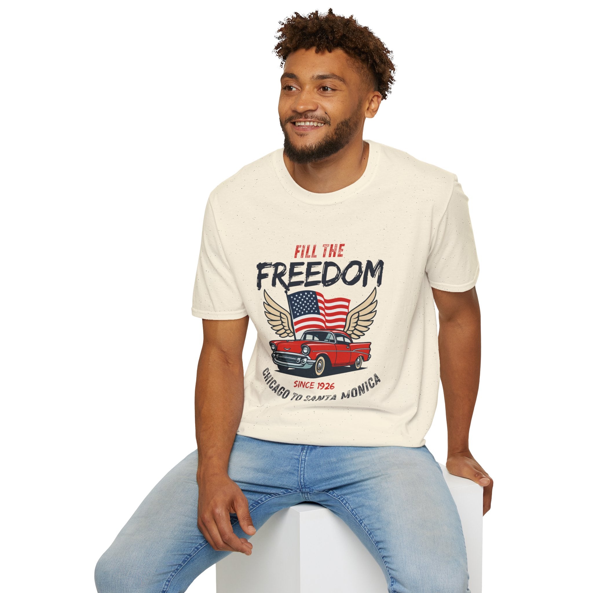 Fill the Freedom Vintage Car T-Shirt | American Flag Wings Chicago to Santa Monica Route 66