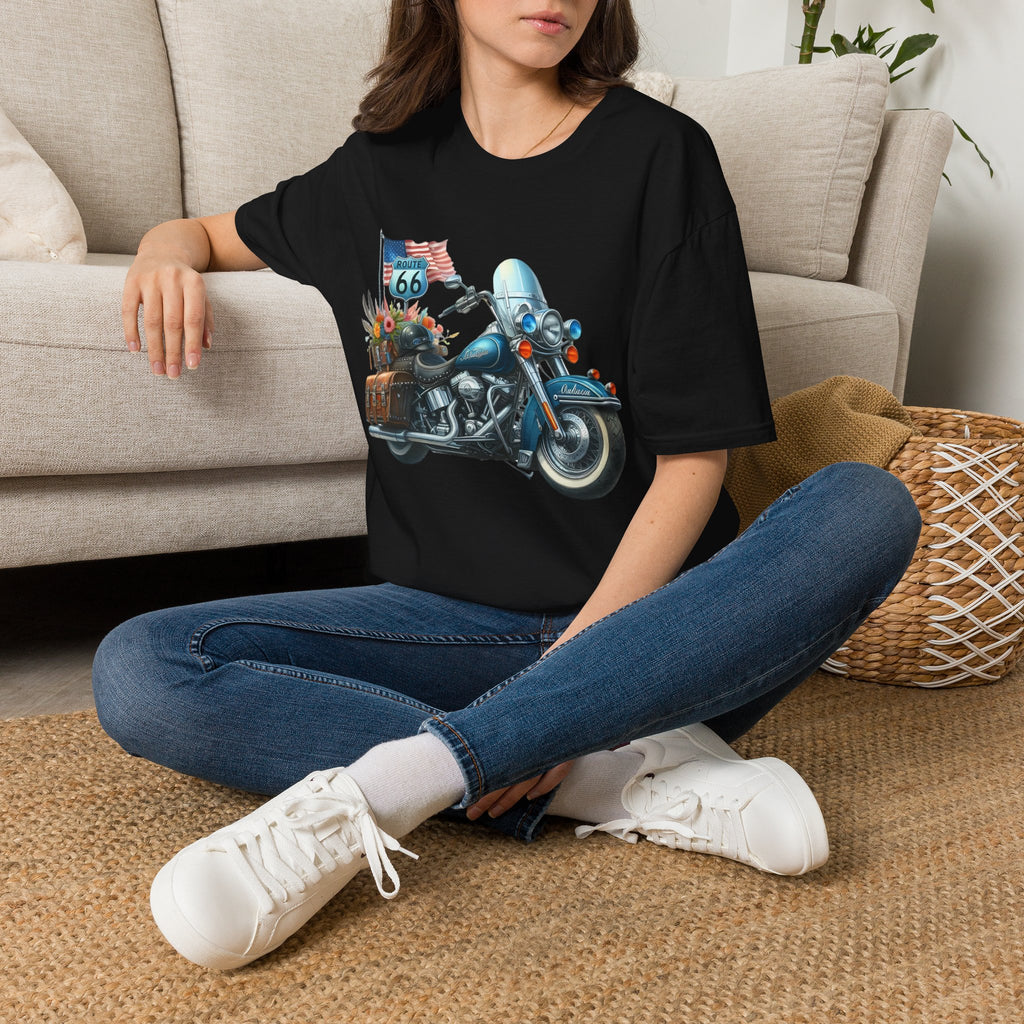 Route 66 Motorcycle Illustration T-Shirt | American Flag, Sunflowers