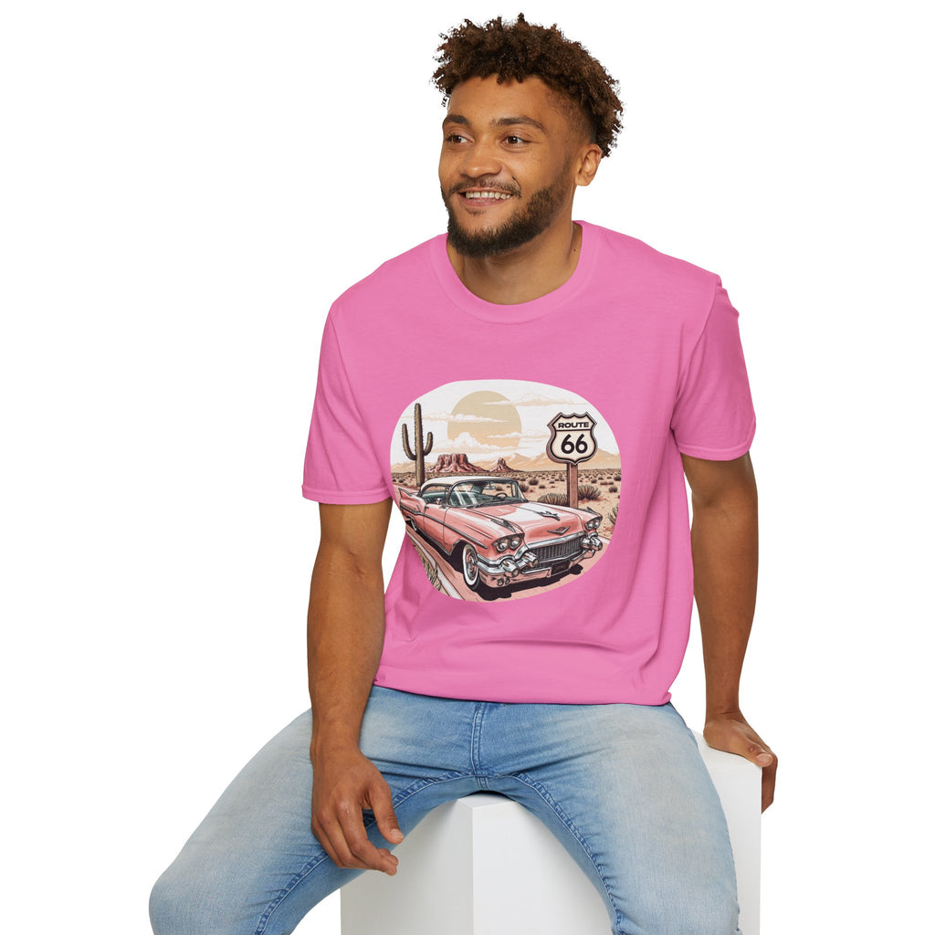 Retro Pink Classic Car Route 66 T-Shirt | Desert Cactus Vintage Roadtrip