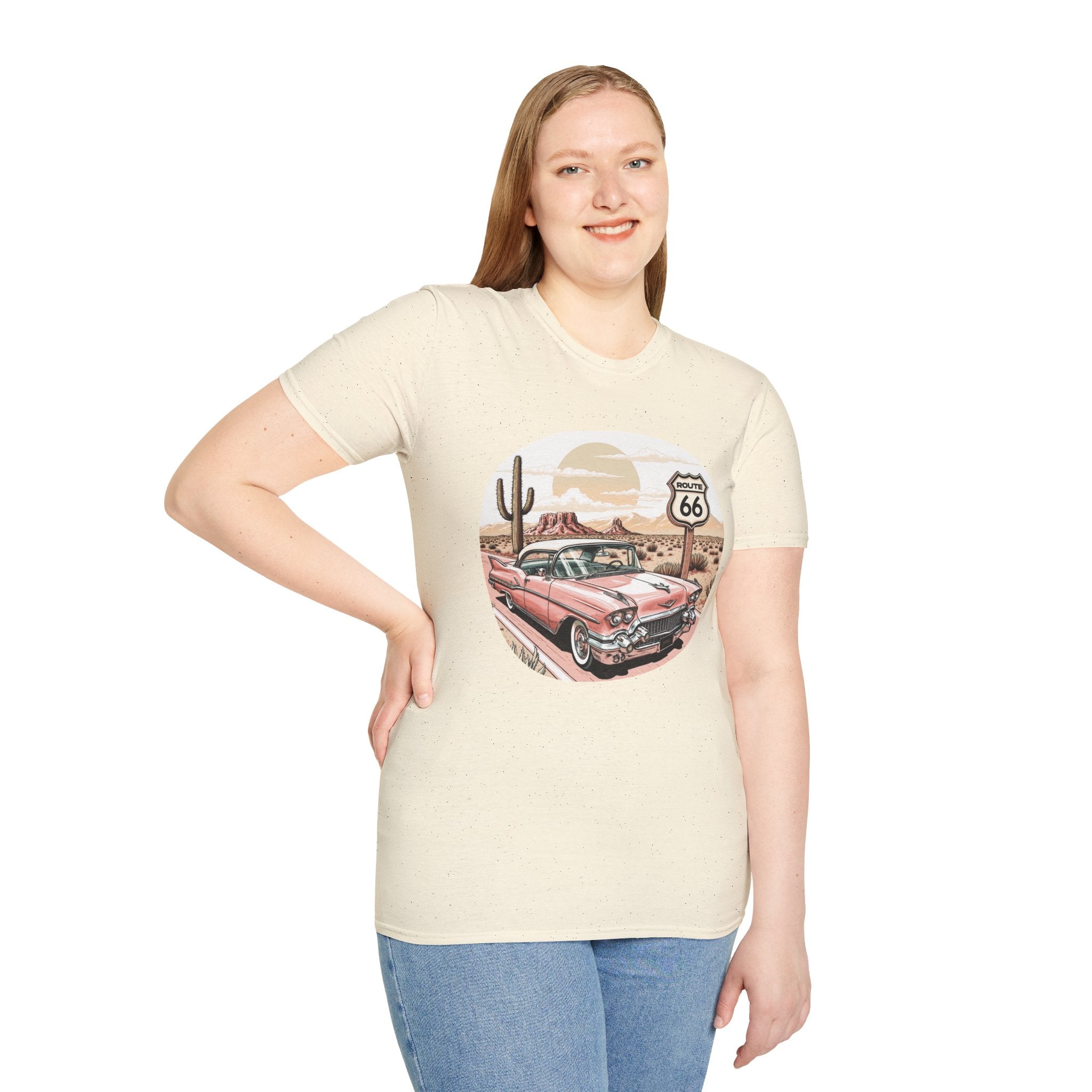Retro Pink Classic Car Route 66 T-Shirt | Desert Cactus Vintage Roadtrip