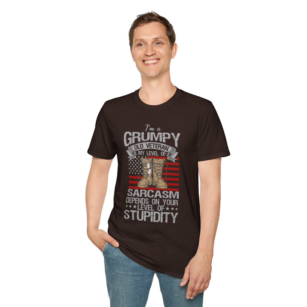 Grumpy Old Veteran Boots, T-Shirt | American Flag, Sarcasm Depends on Stupidity