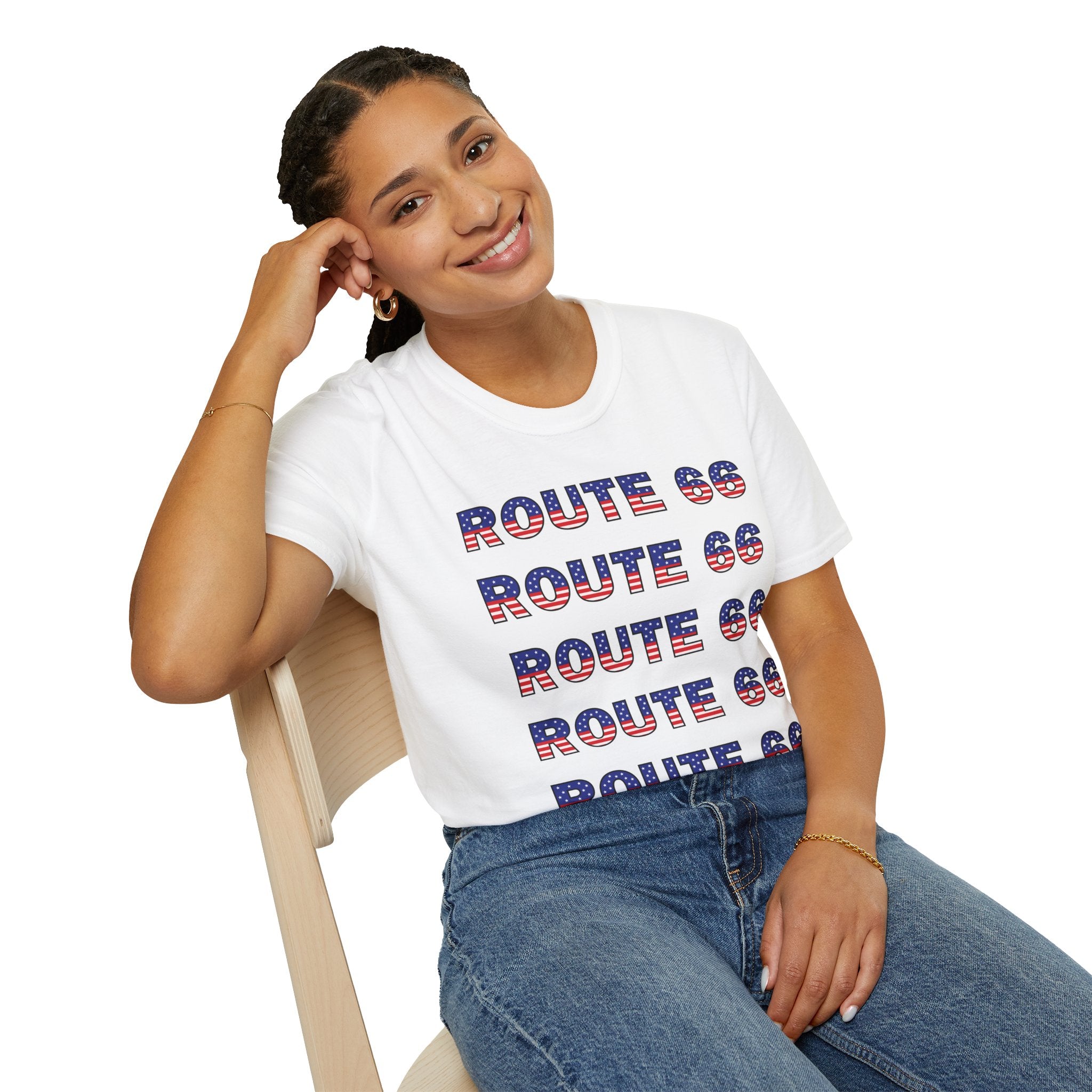 Route 66 Retro Text T-Shirt | American Flag Roadtrip Graphic