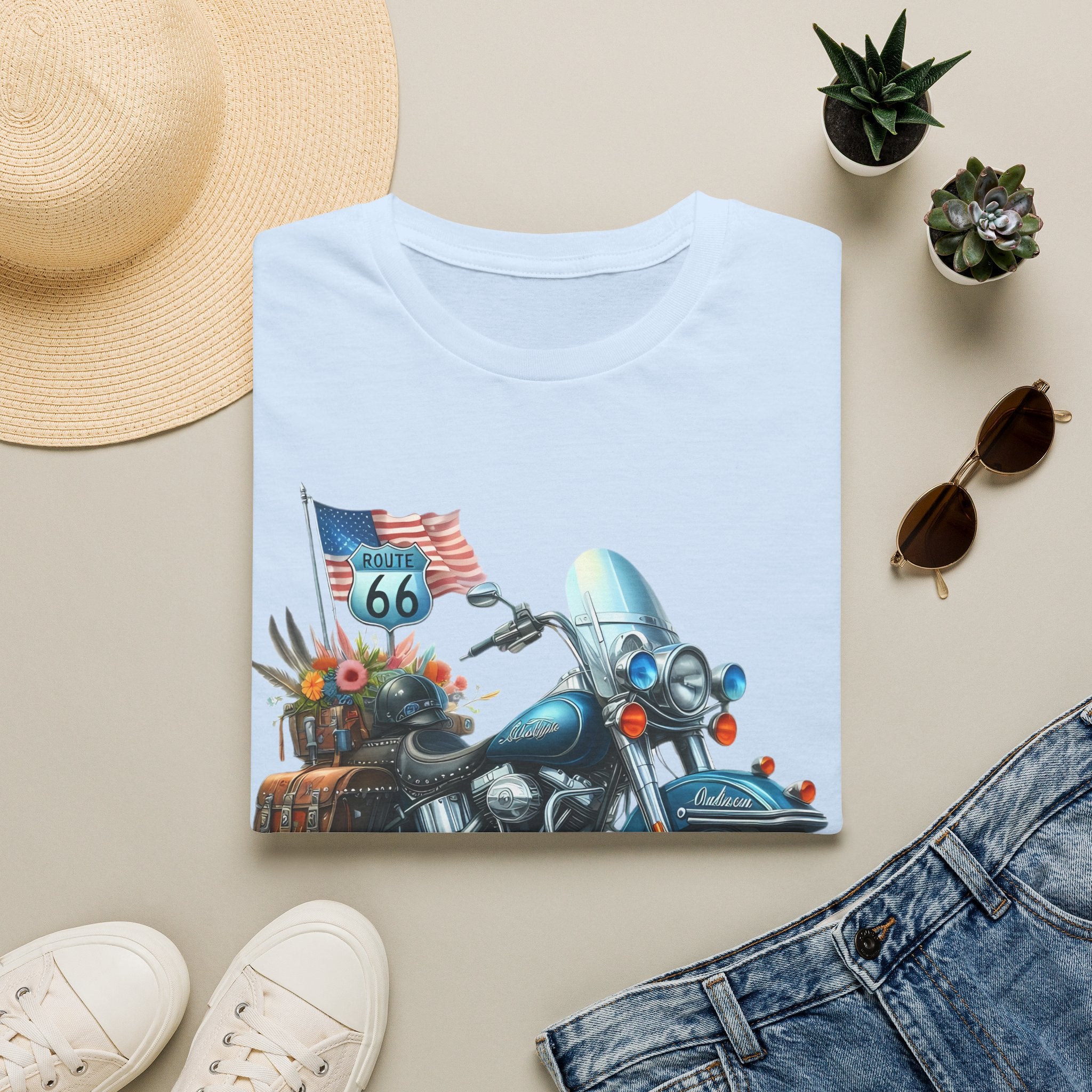 Route 66 Motorcycle Illustration T-Shirt | American Flag, Sunflowers