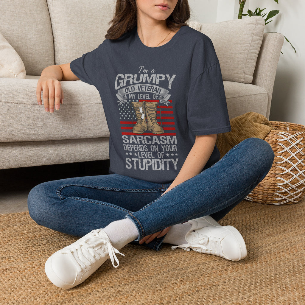 Grumpy Old Veteran Boots, T-Shirt | American Flag, Sarcasm Depends on Stupidity