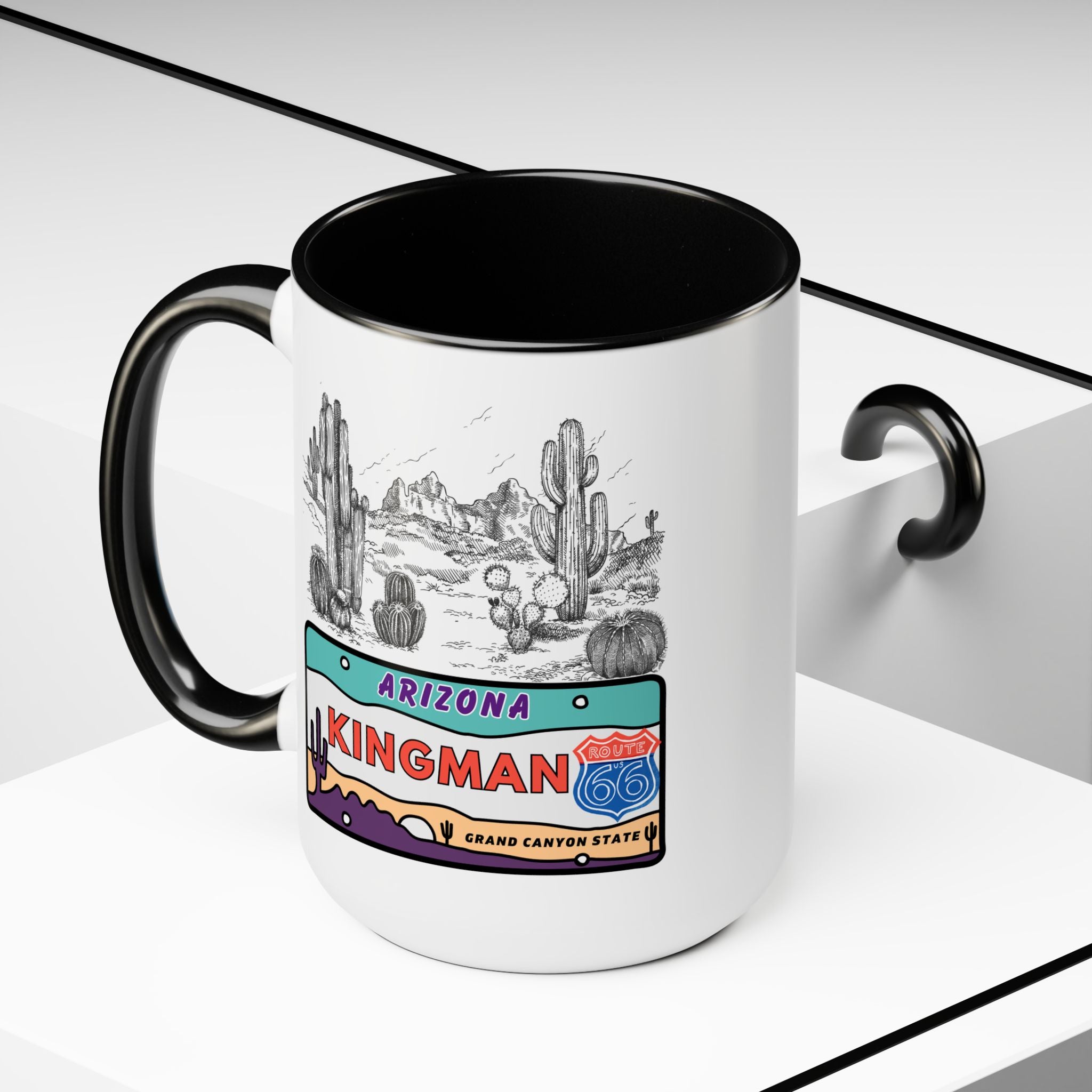 Kingman Arizona Route 66 Two-Tone Coffee Mugs, 15oz