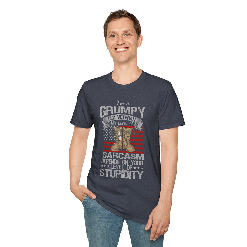 Grumpy Old Veteran Boots, T-Shirt | American Flag, Sarcasm Depends on Stupidity