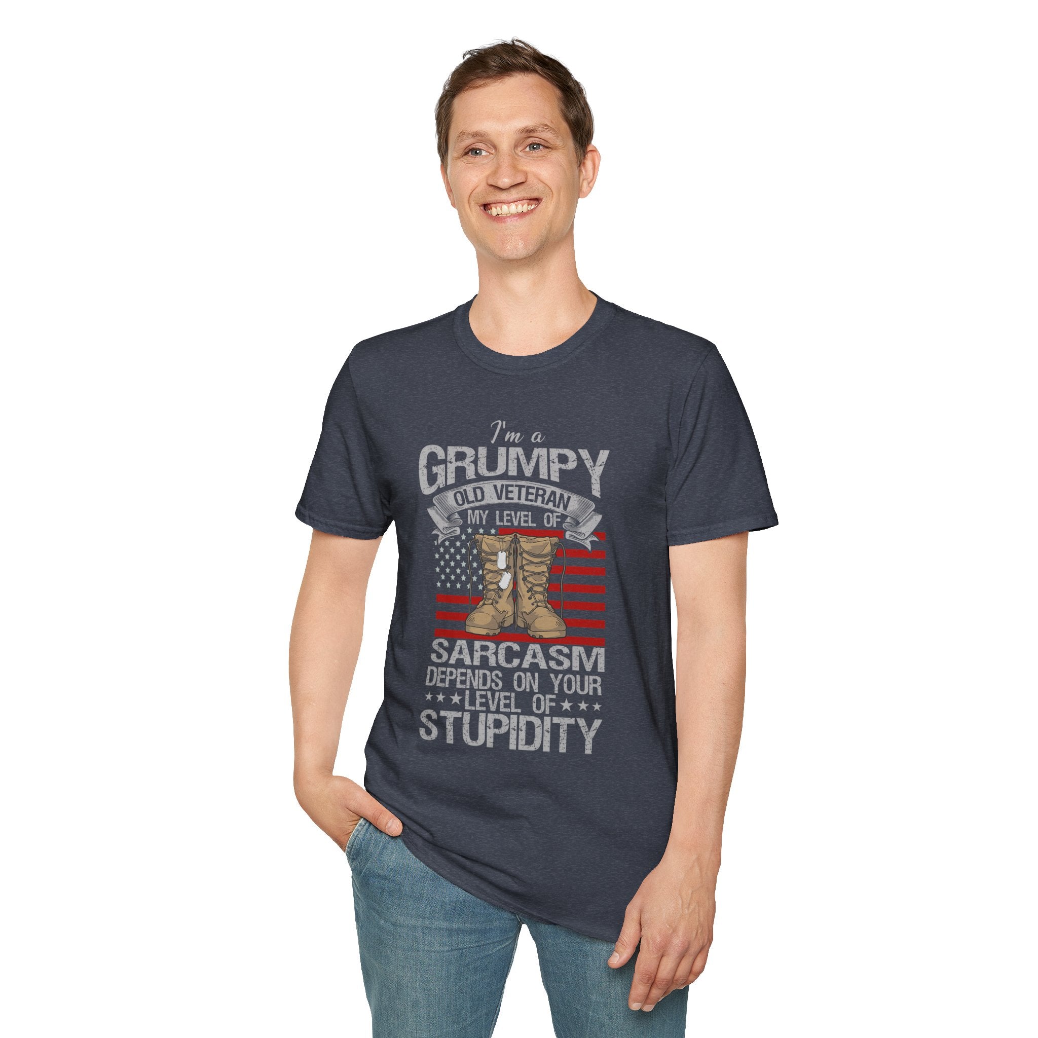 Grumpy Old Veteran Boots, T-Shirt | American Flag, Sarcasm Depends on Stupidity