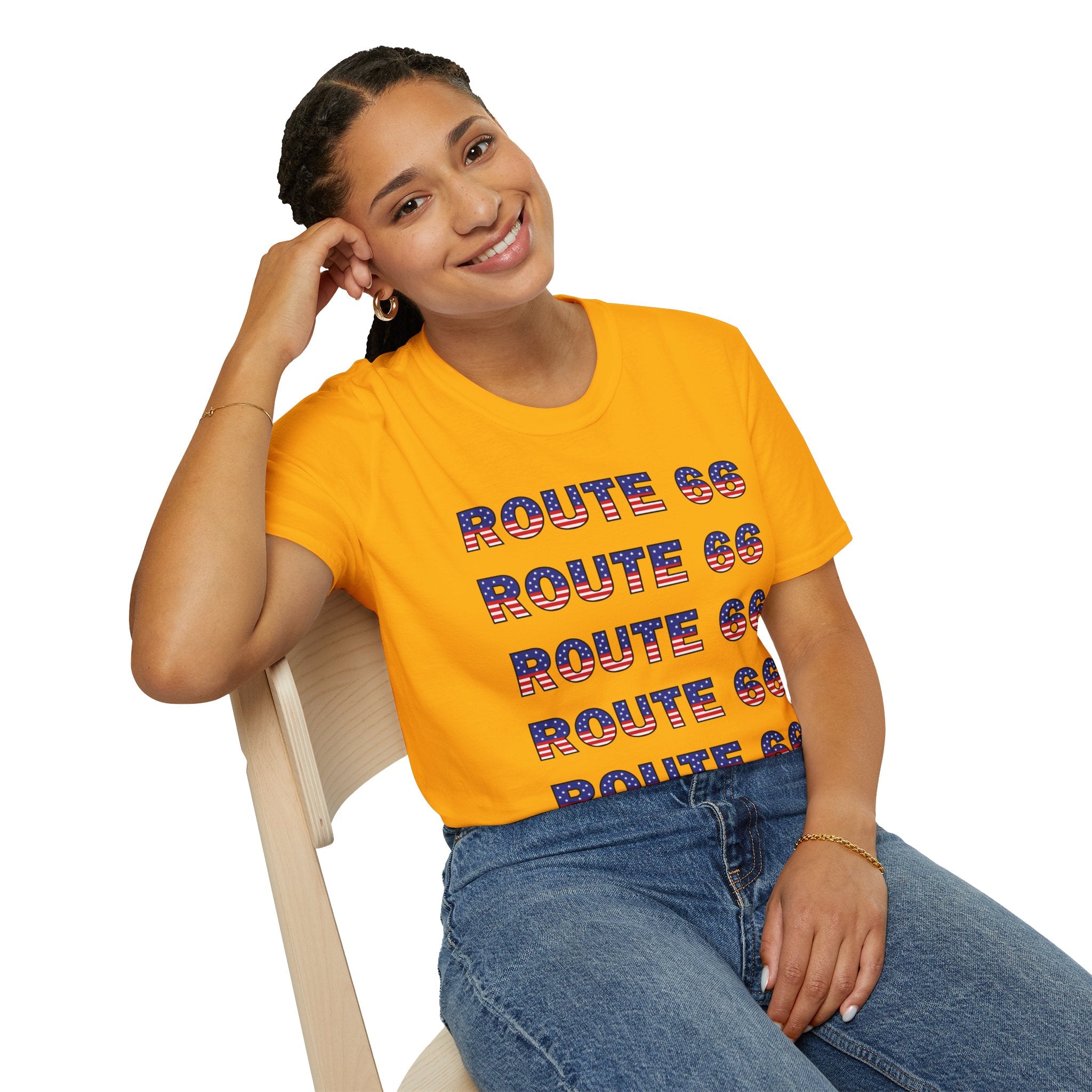 Route 66 Retro Text T-Shirt | American Flag Roadtrip Graphic