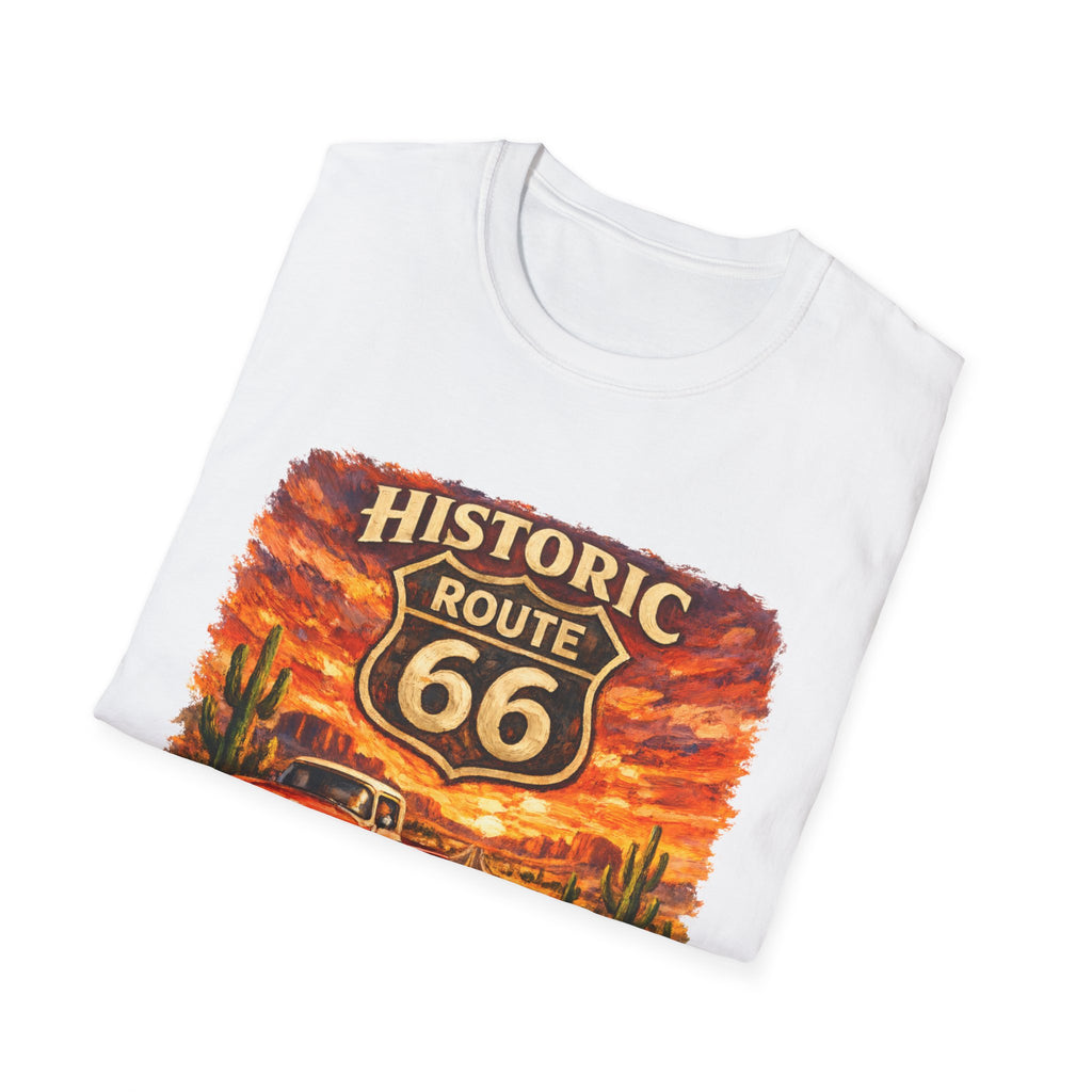 Historic Route 66 Road Trip T-Shirt | Vintage Car Desert Sunset