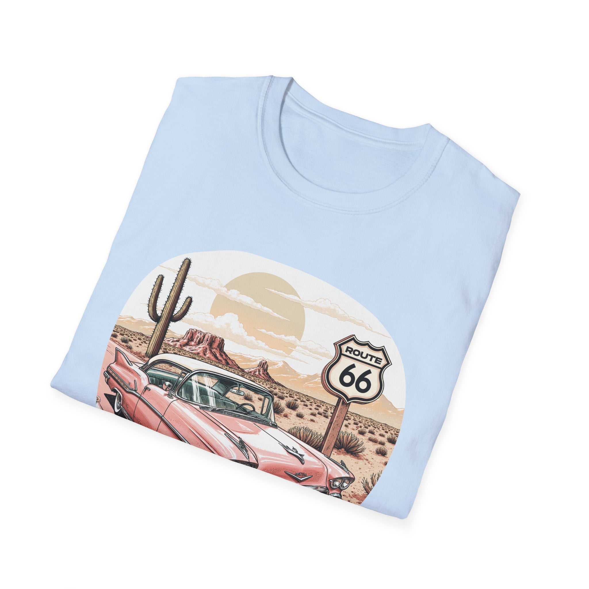 Retro Pink Classic Car Route 66 T-Shirt | Desert Cactus Vintage Roadtrip